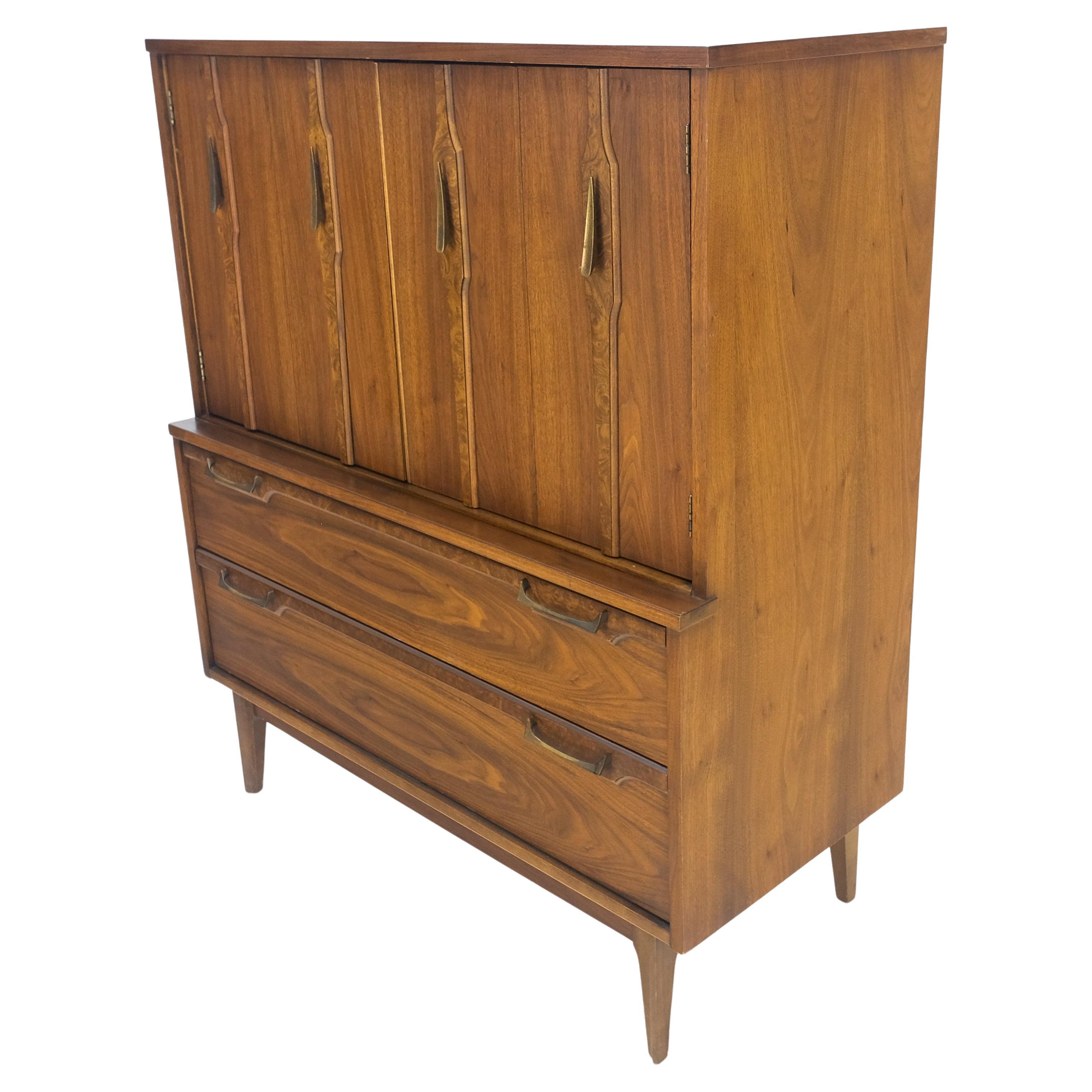 Mid Century 5 Drawer Double Door Compartment Walnut Tall High Chest Dresser MINT For Sale