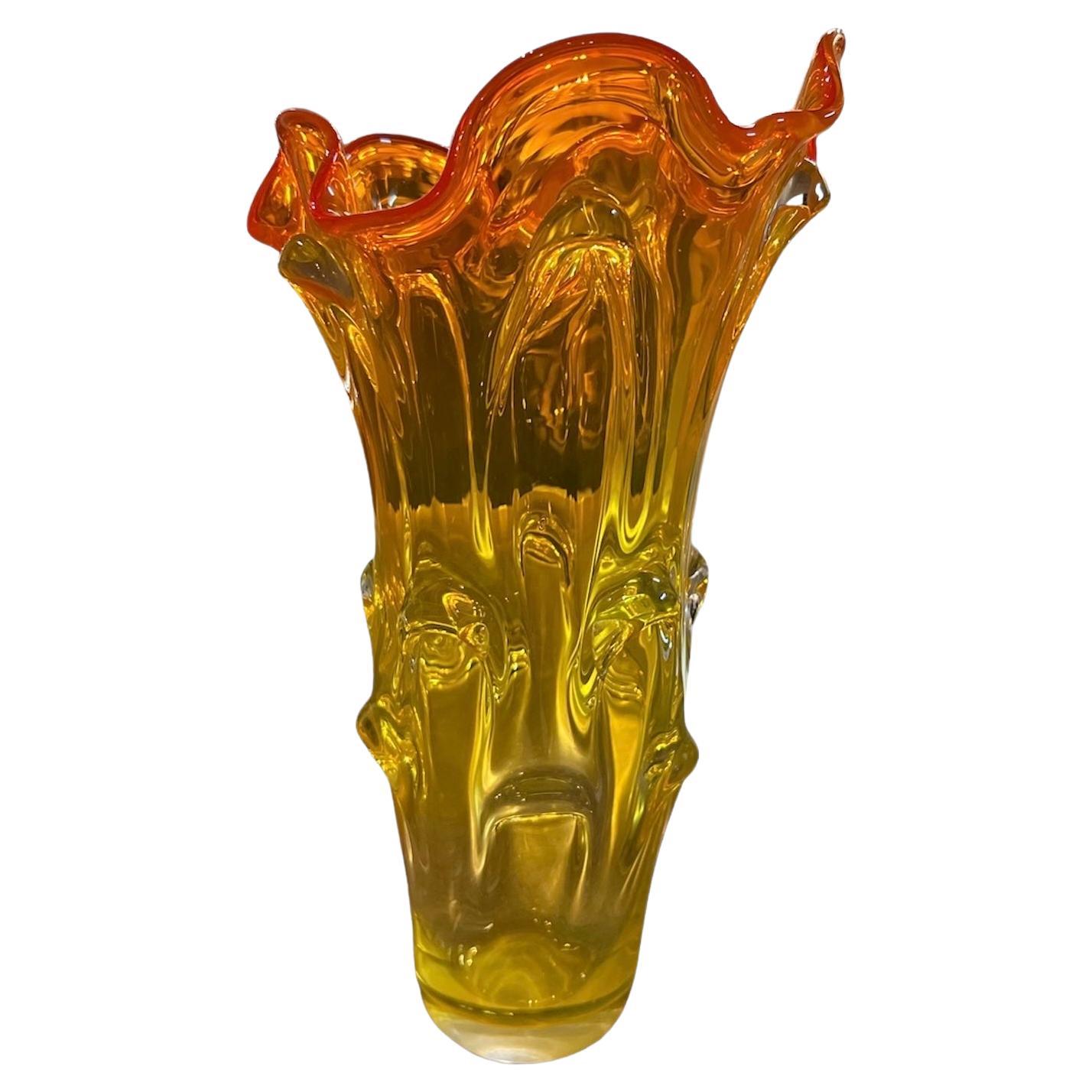 Mid-Century 5-Finger Amber Swung Glass Antique Vase