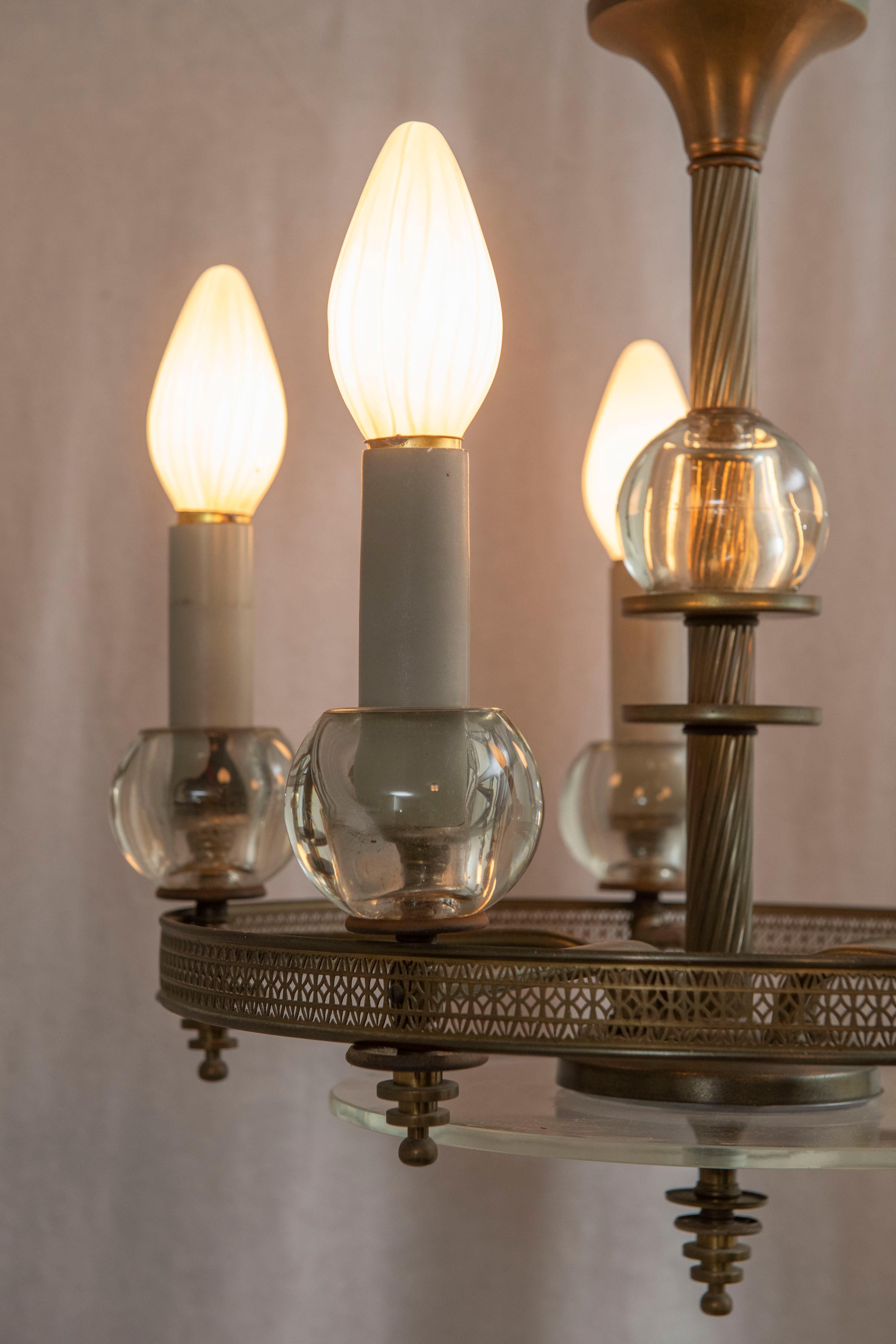 Mid Century 5 Light Chandelier, Glass and Silver Plate, ca. 1940's For Sale 2