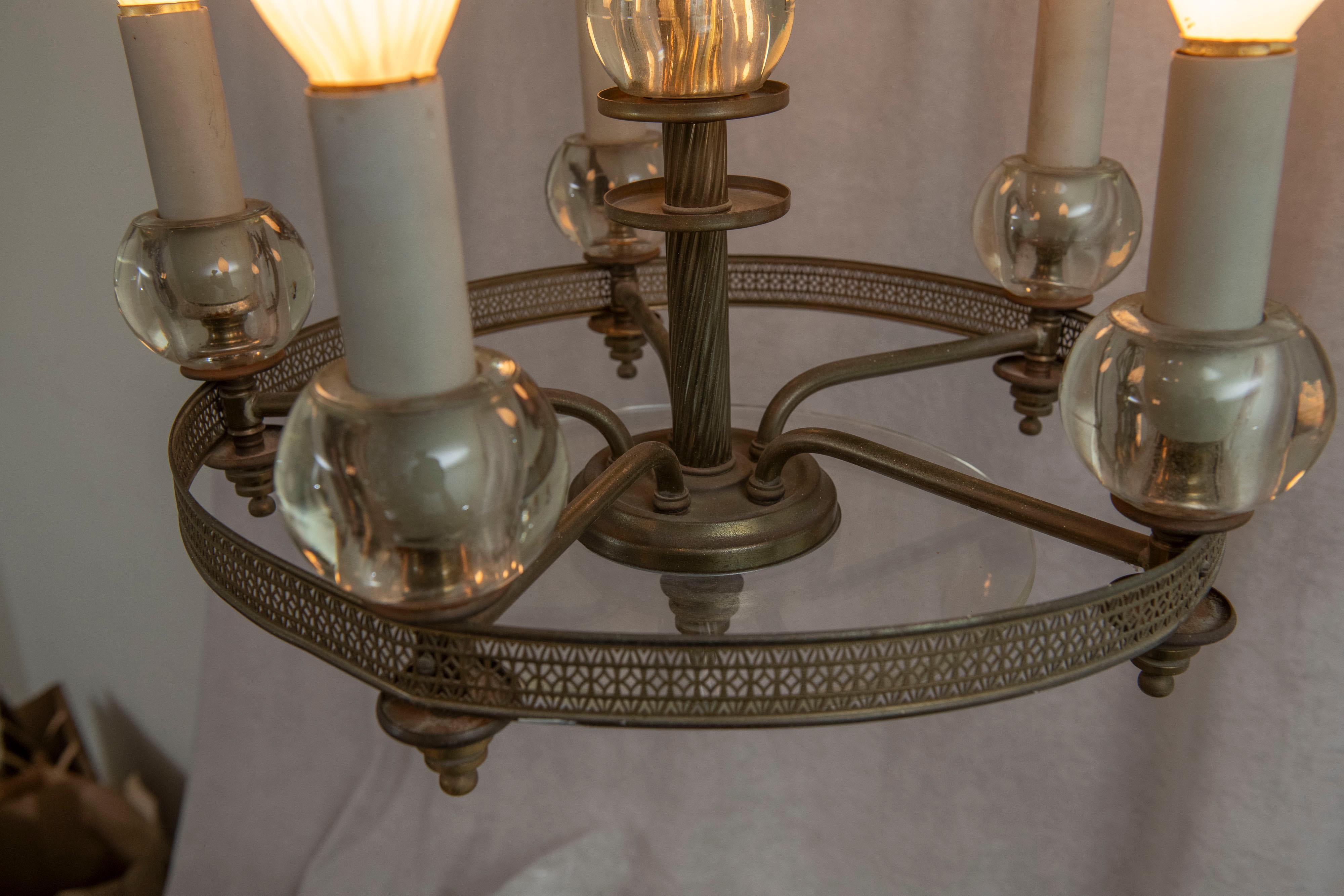 Mid Century 5 Light Chandelier, Glass and Silver Plate, ca. 1940's For Sale 4