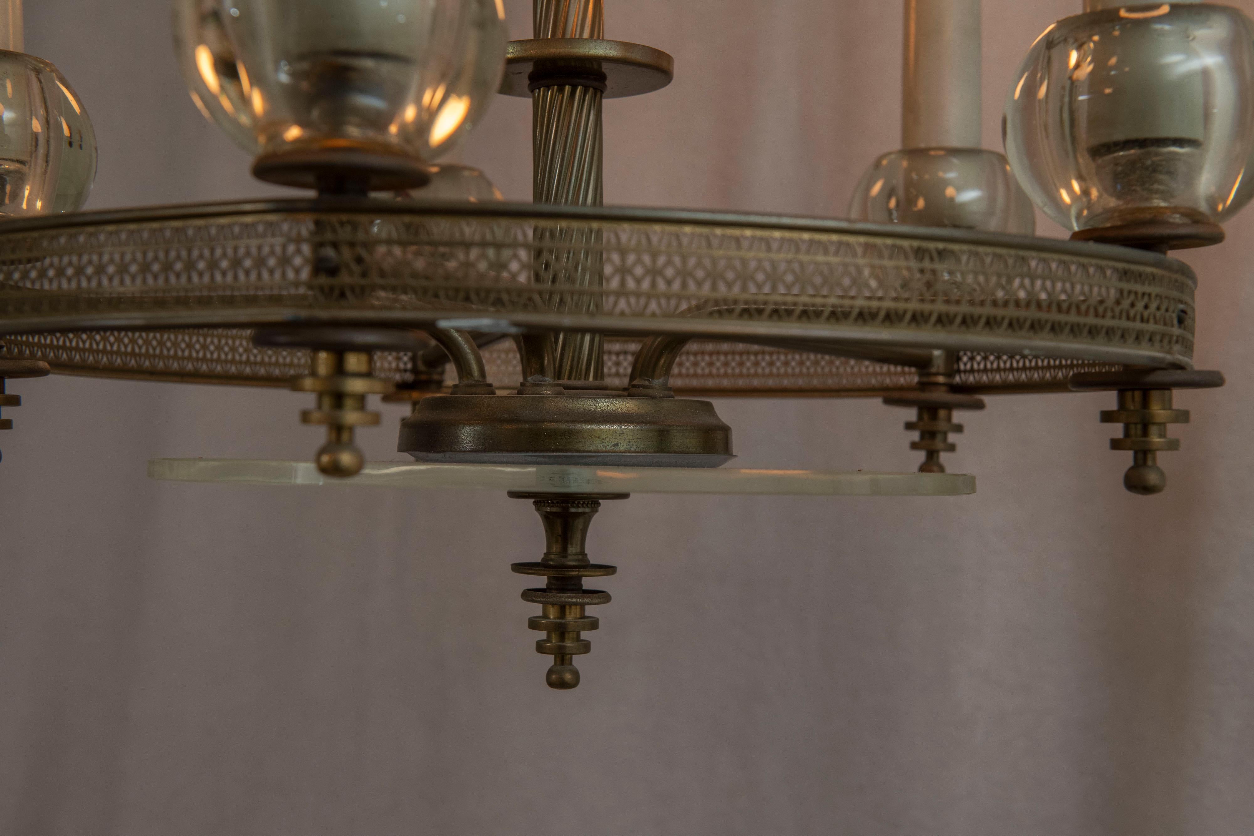 Mid Century 5 Light Chandelier, Glass and Silver Plate, ca. 1940's For Sale 5