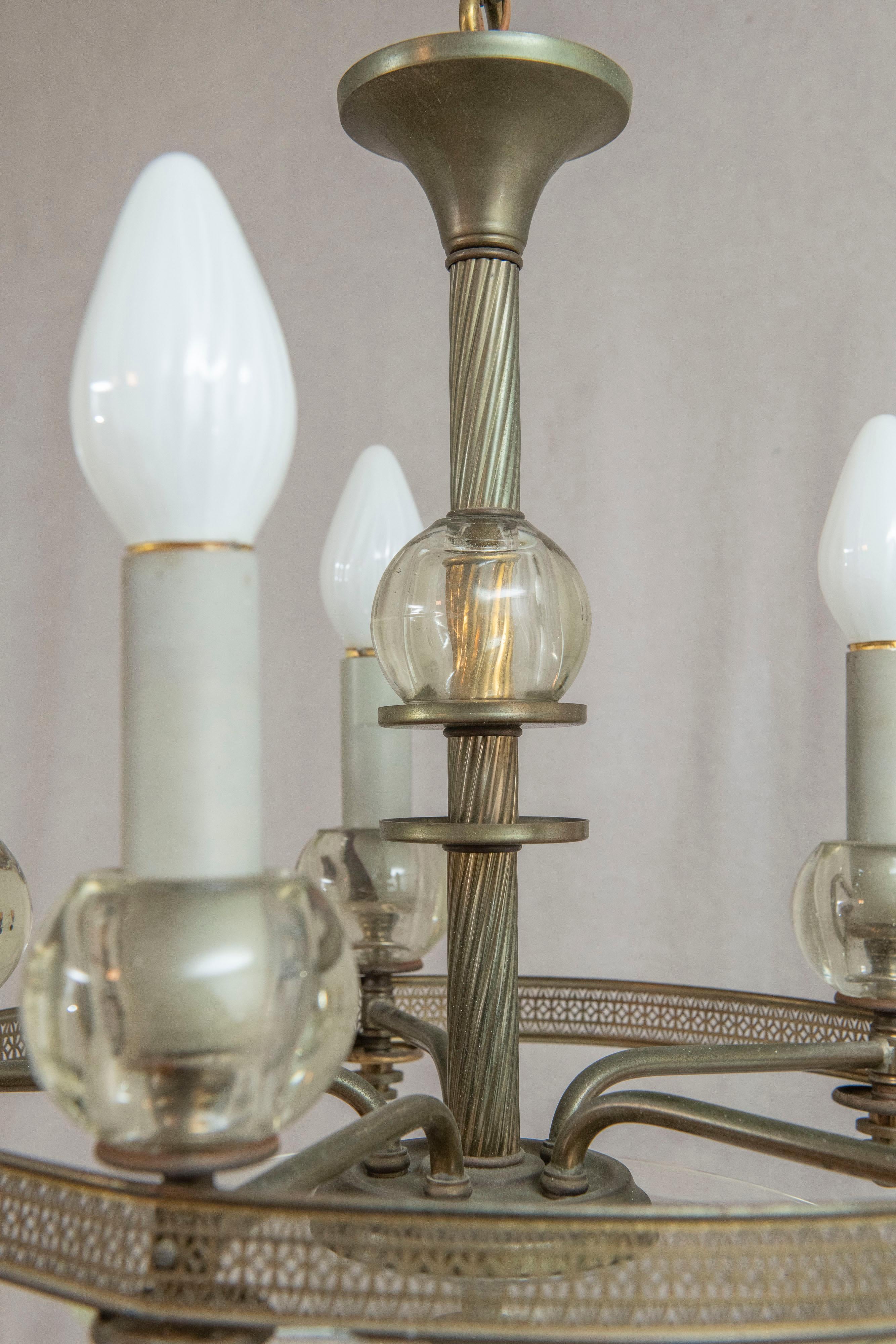 Mid Century 5 Light Chandelier, Glass and Silver Plate, ca. 1940's For Sale 7