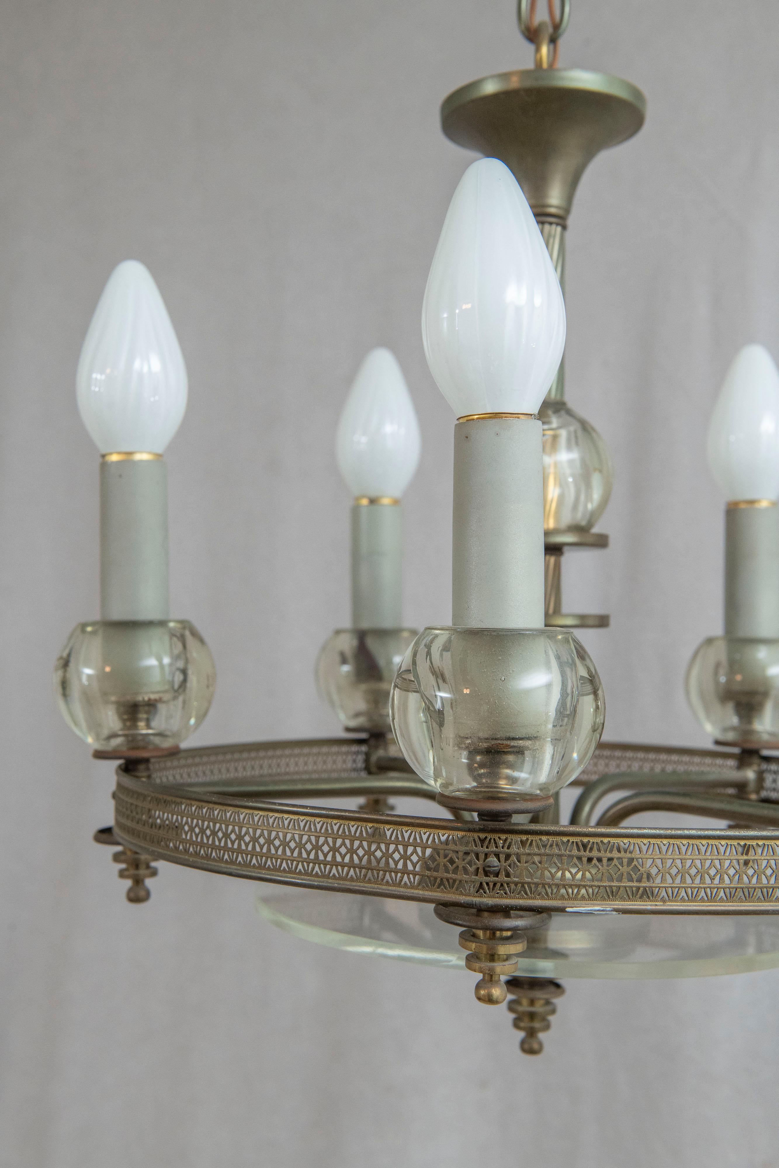 Mid Century 5 Light Chandelier, Glass and Silver Plate, ca. 1940's For Sale 8