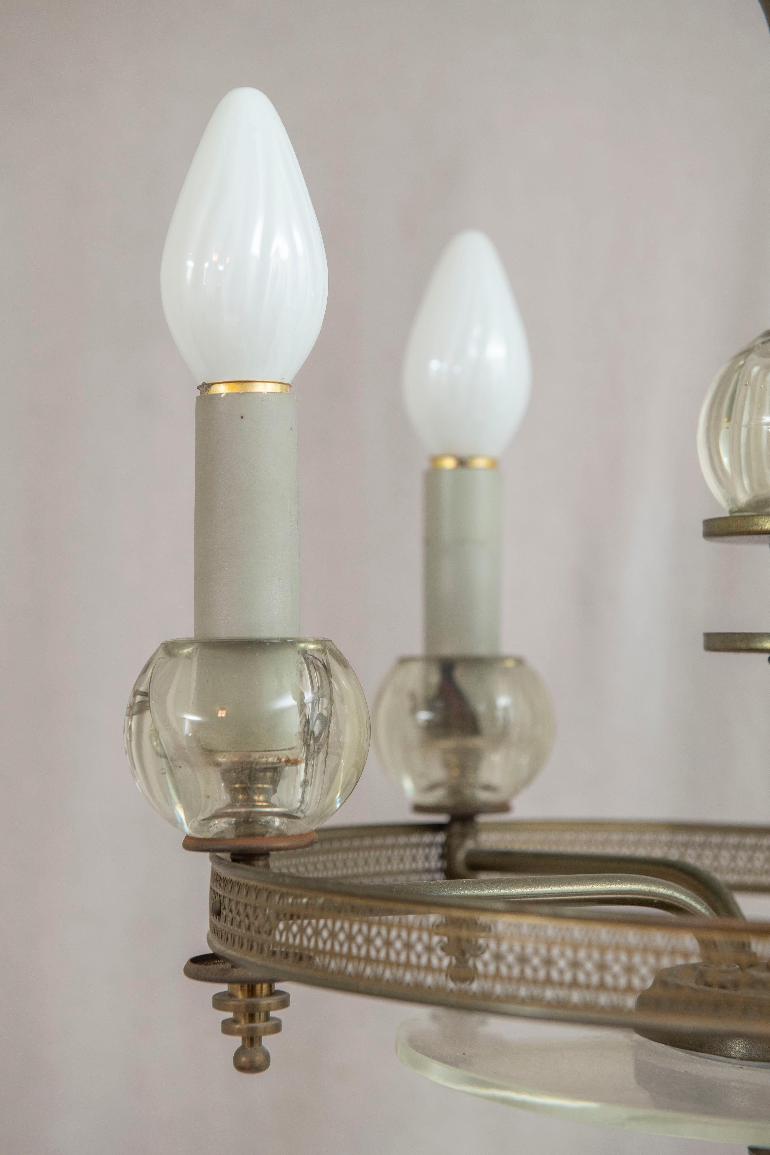 Art Deco Mid Century 5 Light Chandelier, Glass and Silver Plate, ca. 1940's For Sale