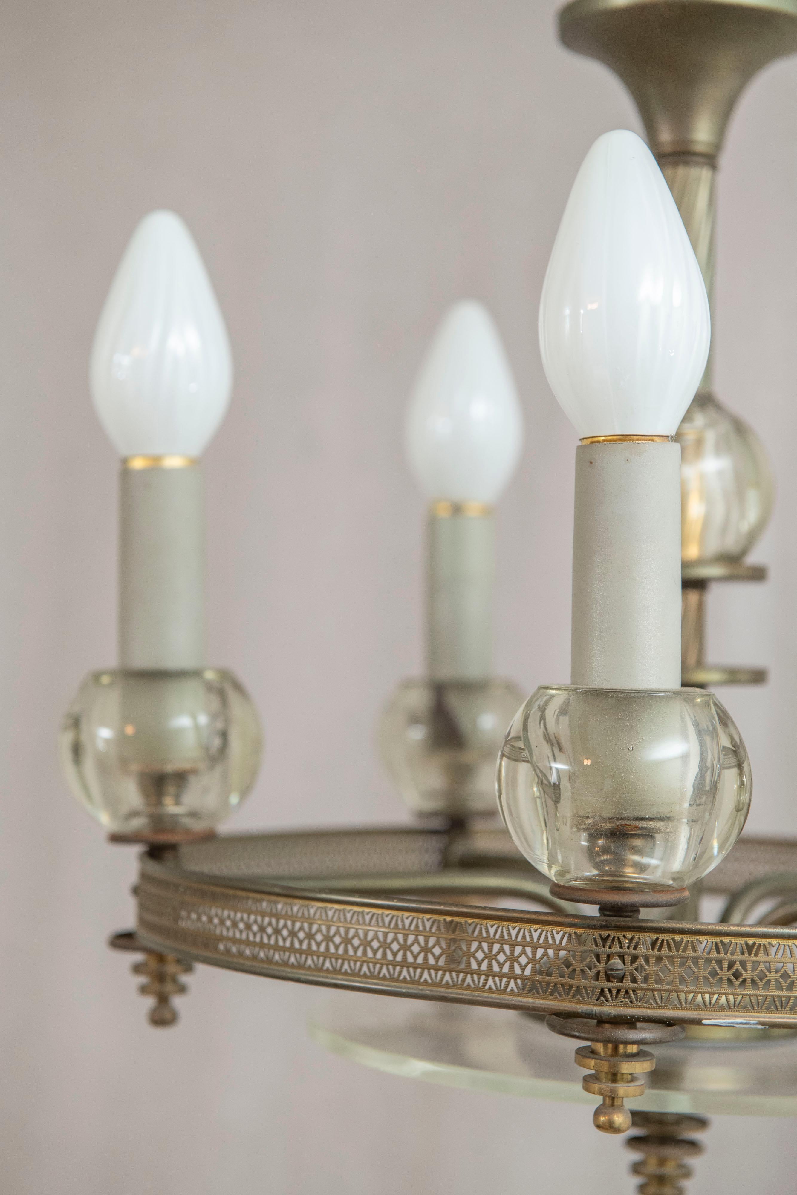 American Mid Century 5 Light Chandelier, Glass and Silver Plate, ca. 1940's For Sale