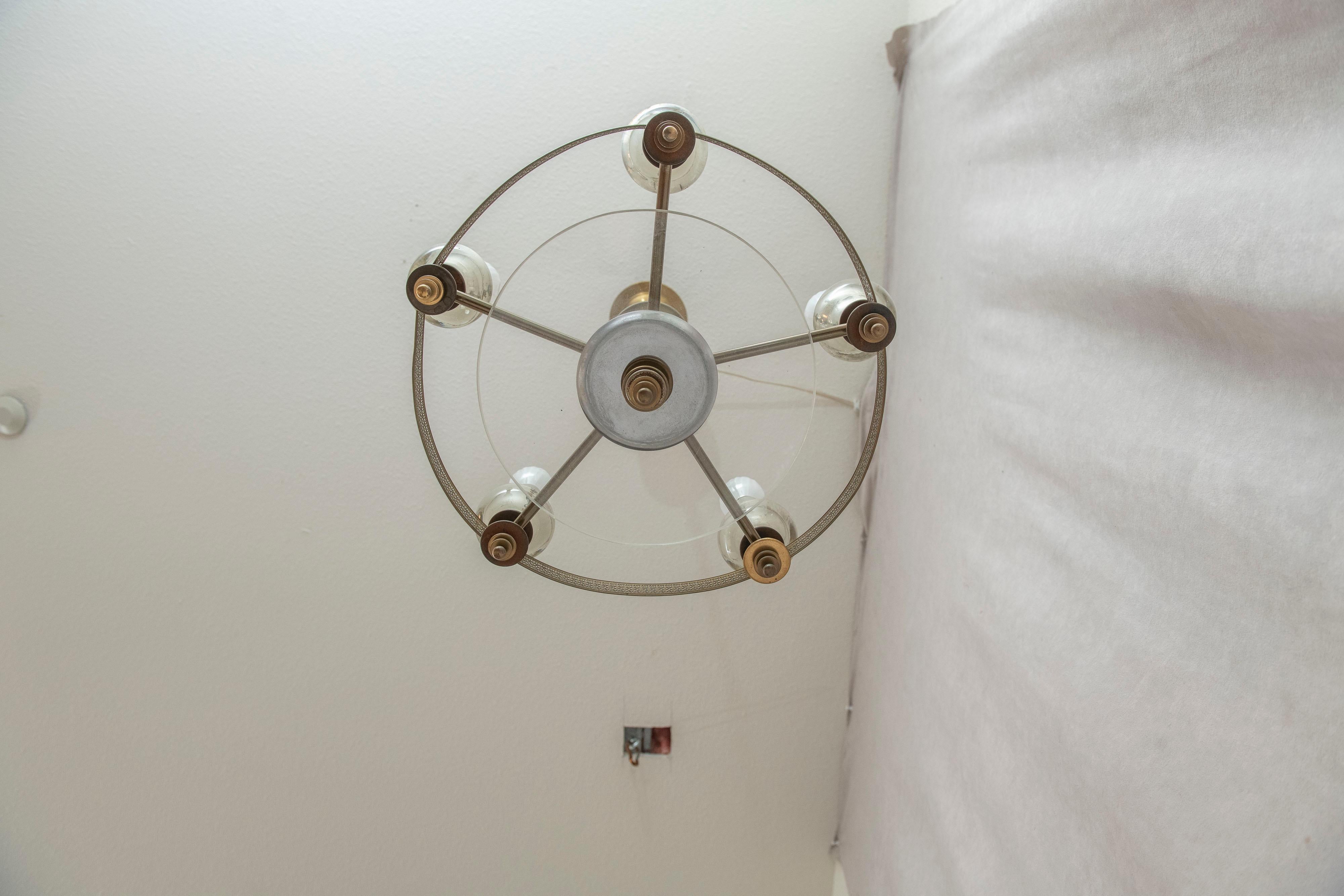 Mid Century 5 Light Chandelier, Glass and Silver Plate, ca. 1940's In Excellent Condition For Sale In Petaluma, CA