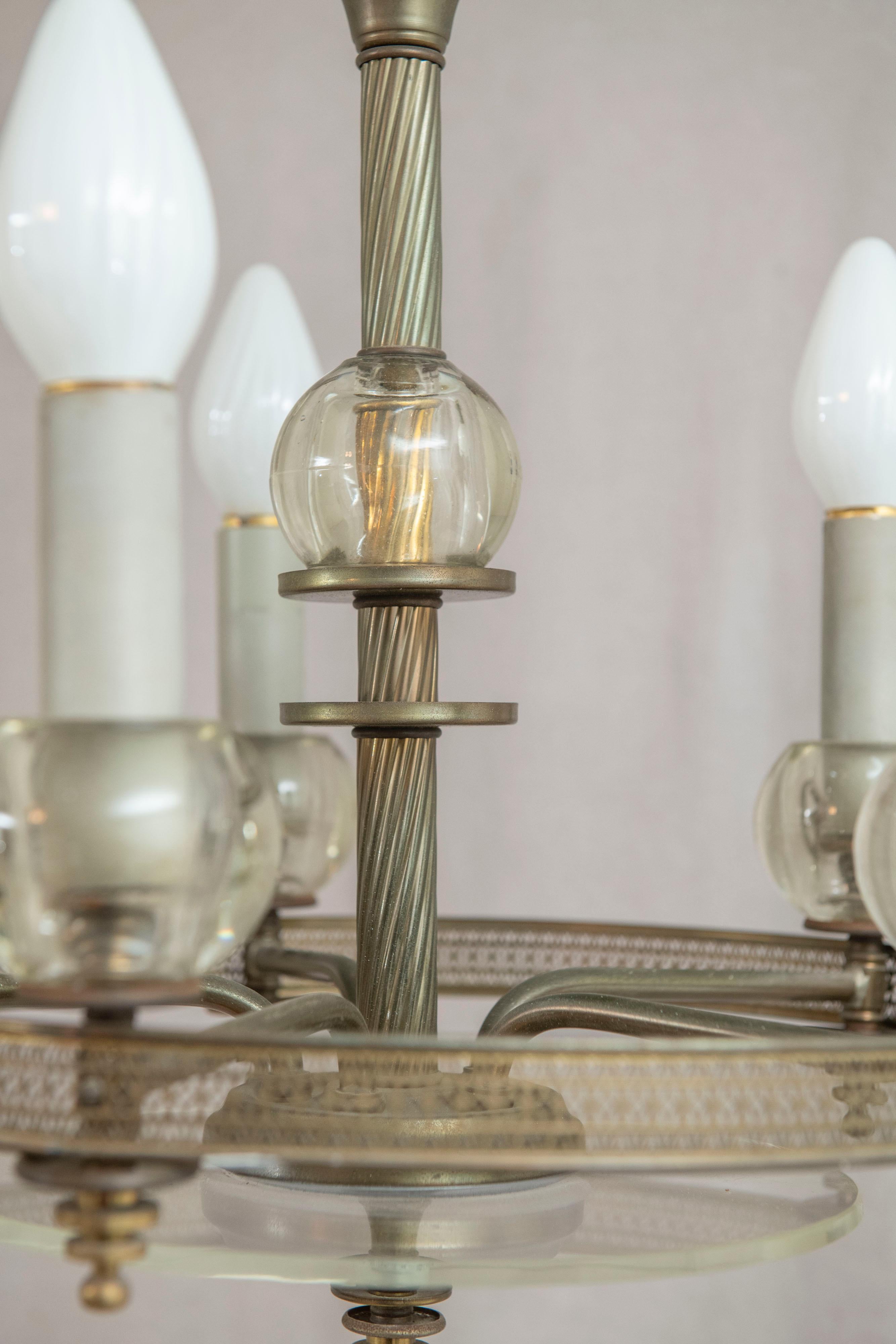 20th Century Mid Century 5 Light Chandelier, Glass and Silver Plate, ca. 1940's For Sale