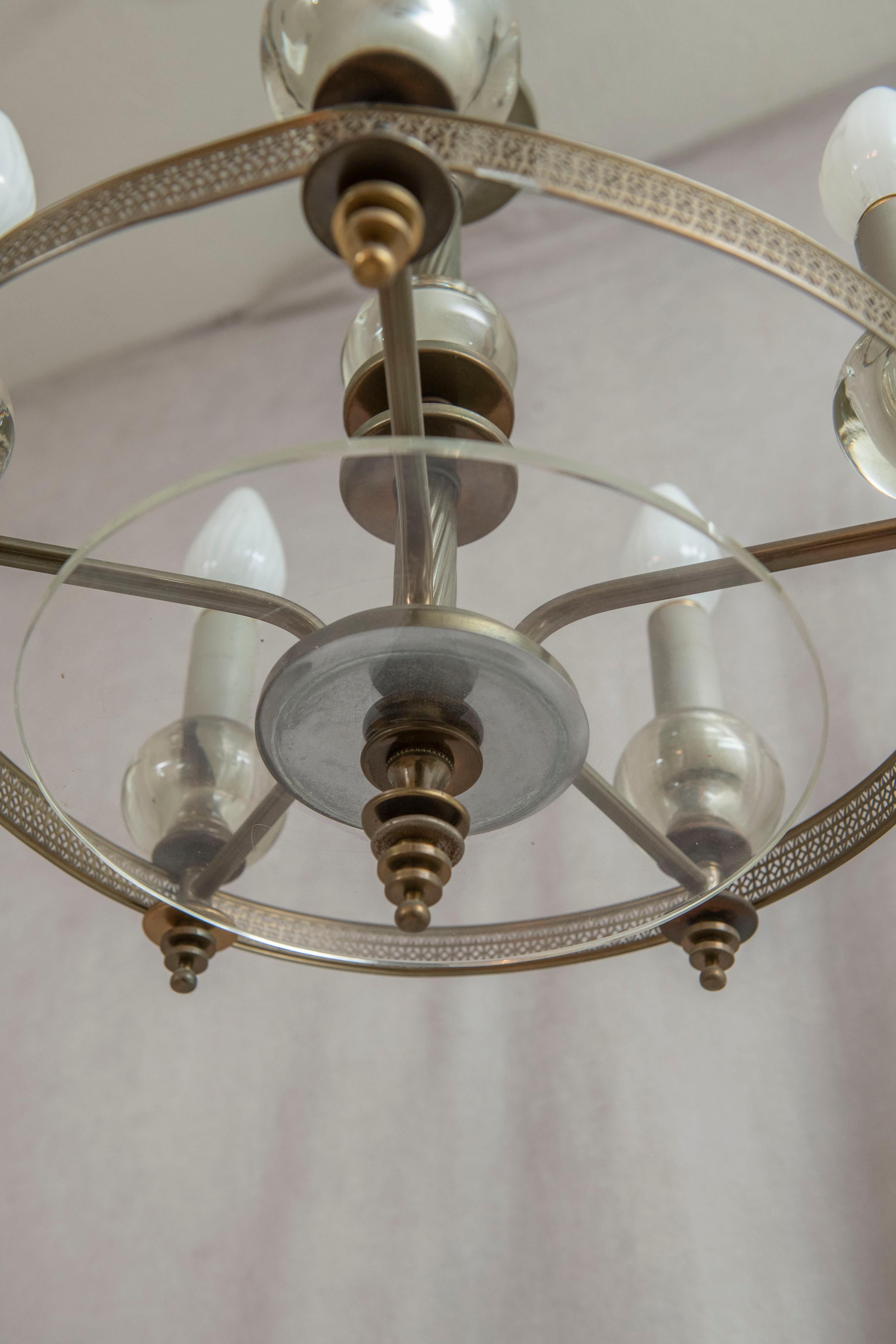 Metal Mid Century 5 Light Chandelier, Glass and Silver Plate, ca. 1940's For Sale