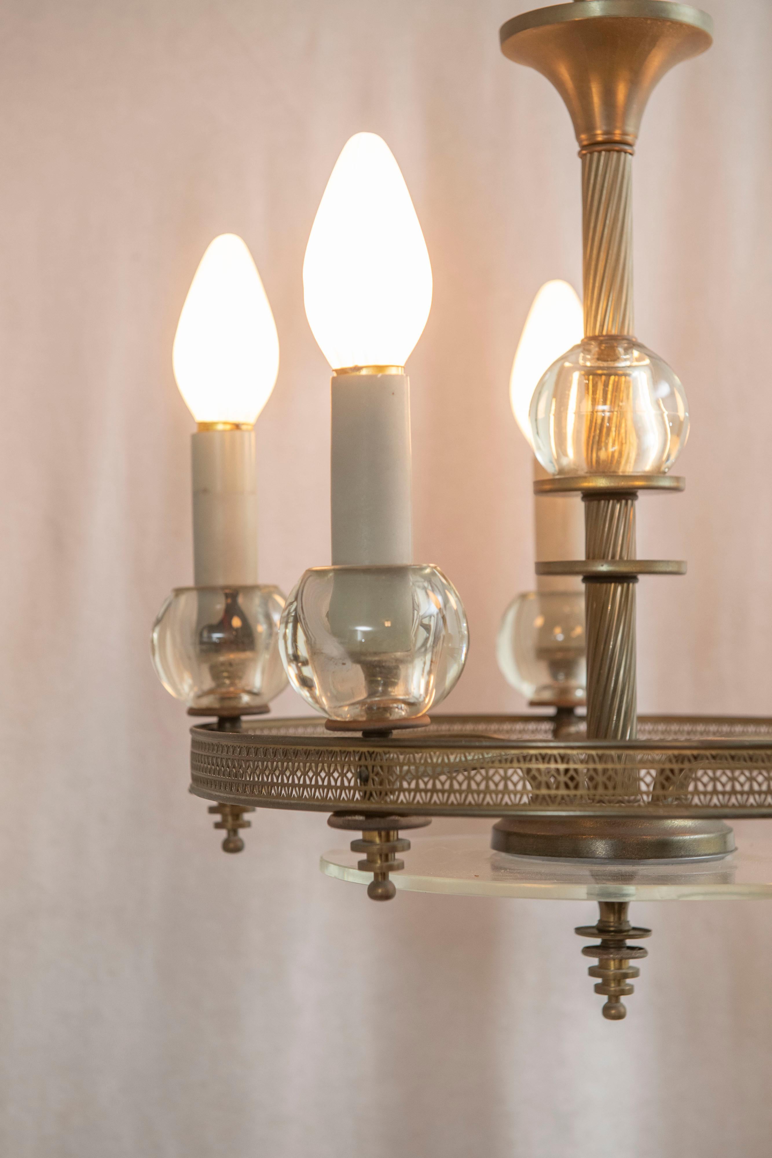 Mid Century 5 Light Chandelier, Glass and Silver Plate, ca. 1940's For Sale 1