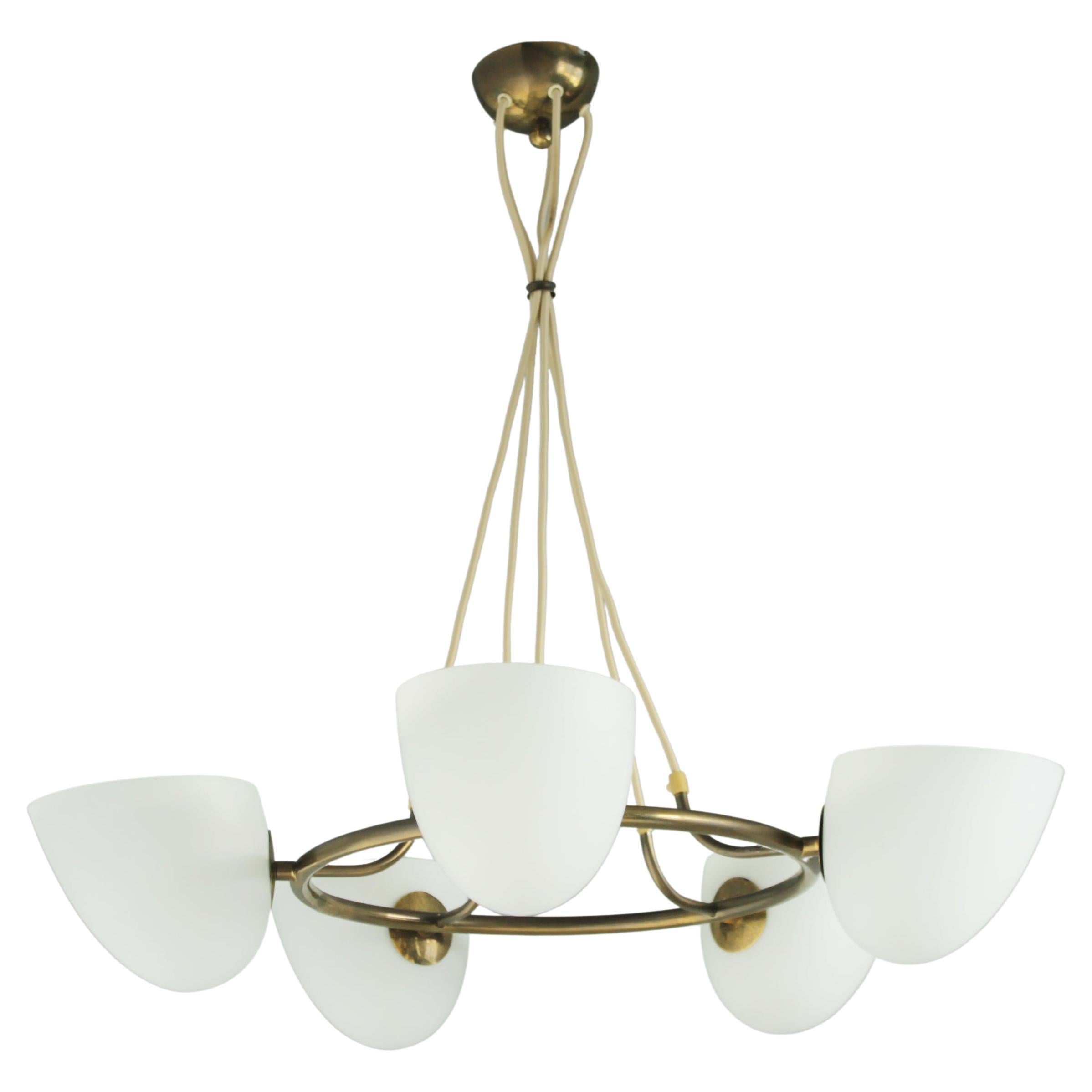 Mid Century 5 Light Chandelier in Brass and Glass For Sale at 1stDibs