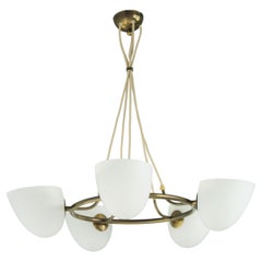 Mid Century 5 Light Chandelier in Brass and Glass