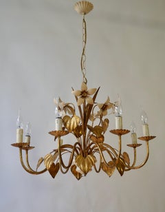Mid-Century 5-Light Gilt Leaf & White Blossom Chandelier by Hans Kögl, 1970s