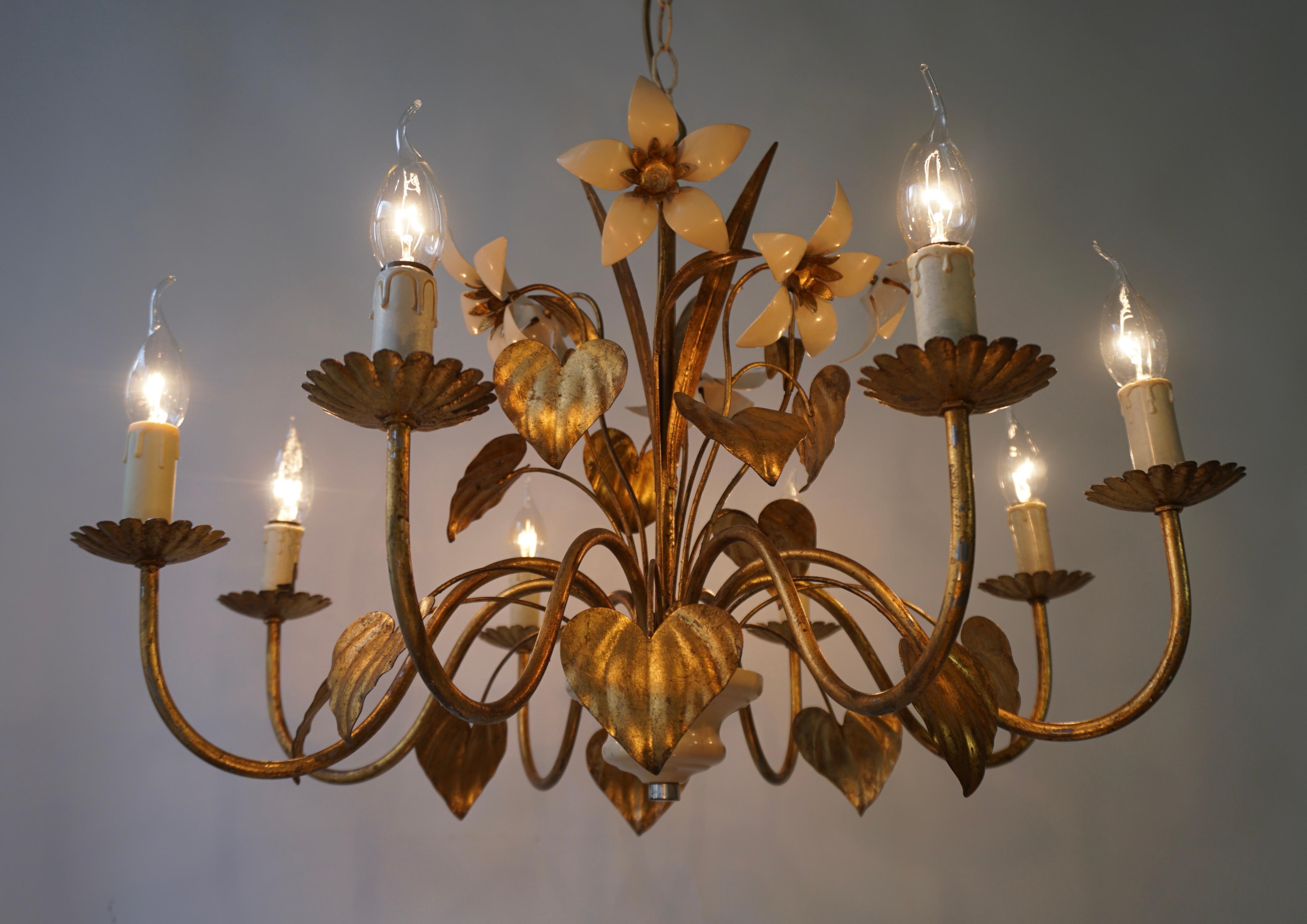 20th Century Mid-Century 5-Light Gilt Leaf & White Blossom Chandelier by Hans Kögl, 1970s For Sale