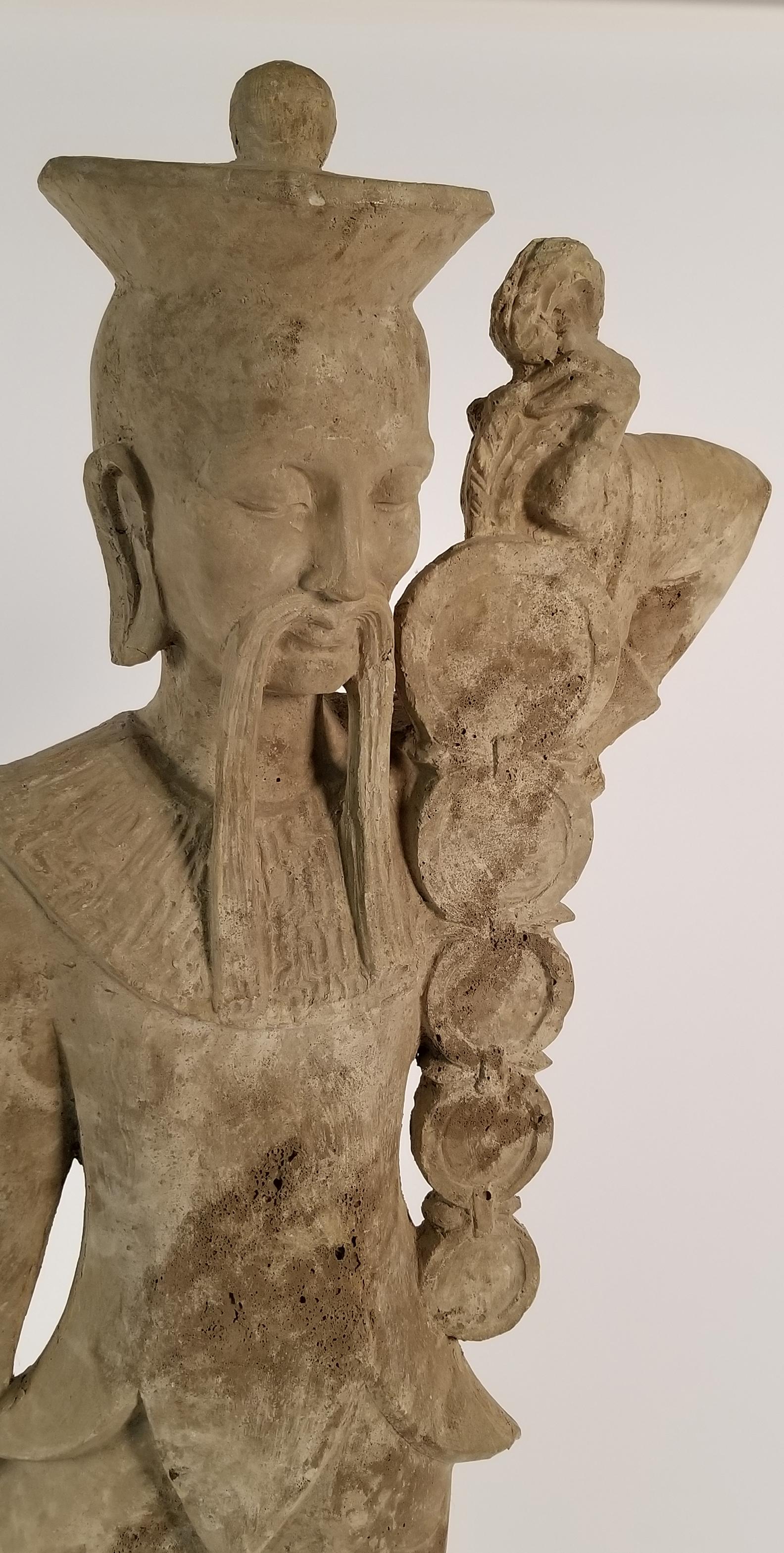 Midcentury Tall Plaster Asian Bodhisattva Figural Garden Sculpture In Good Condition In Dallas, TX