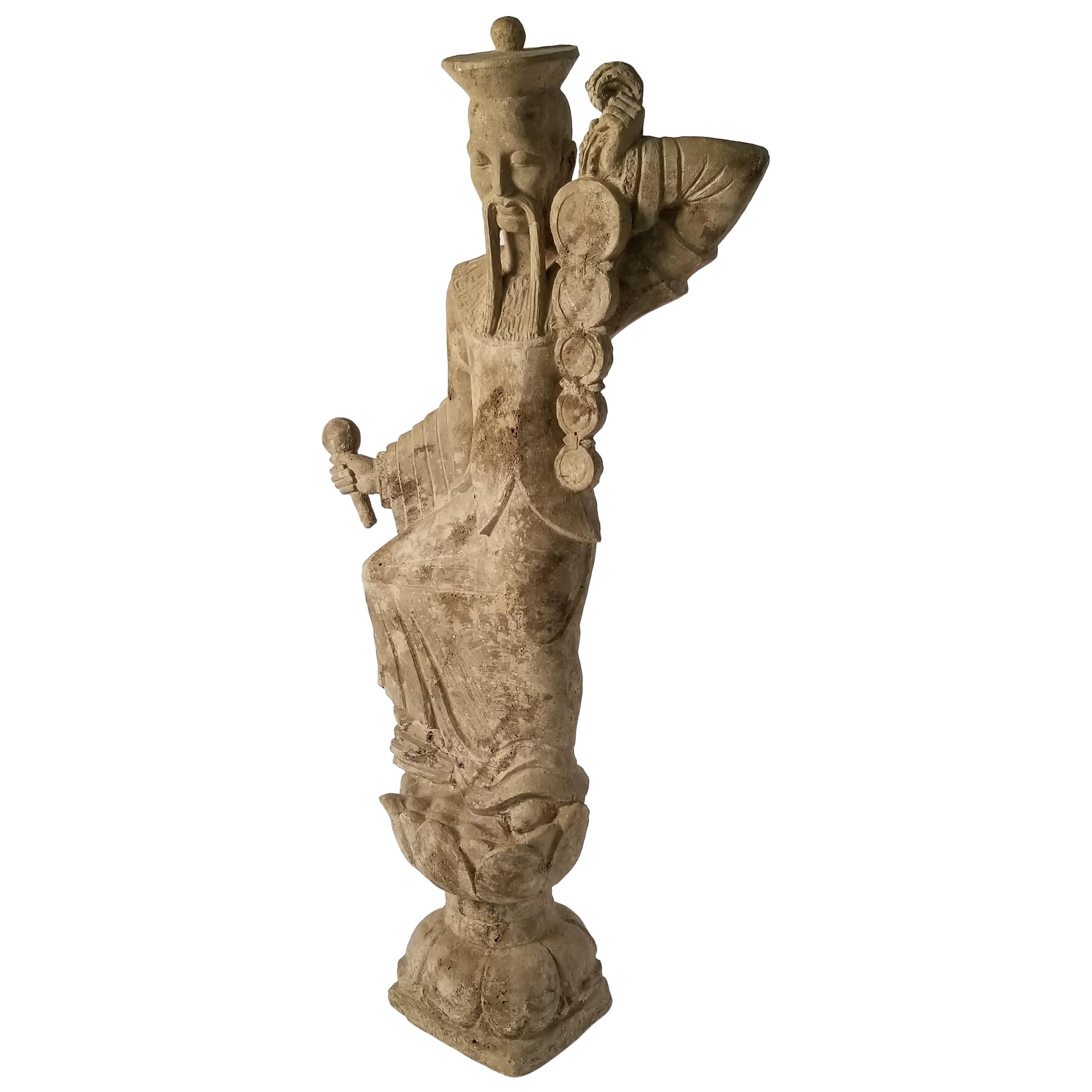 Midcentury Tall Plaster Asian Bodhisattva Figural Garden Sculpture