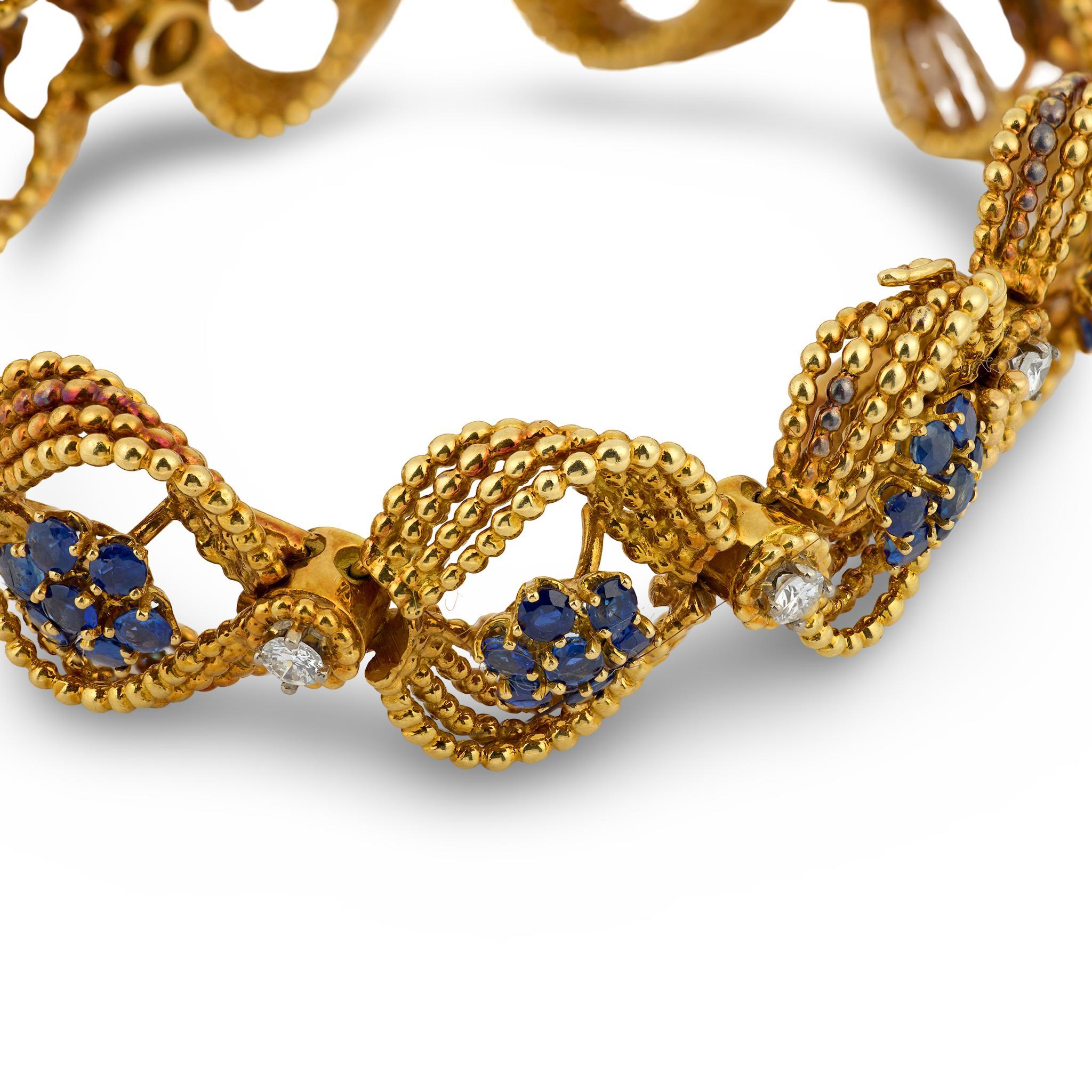 Pulsera trenzada de oro amarillo de 18 quilates con zafiro y diamante de 5,00 quilates de mediados de siglo Contemporáneo en venta