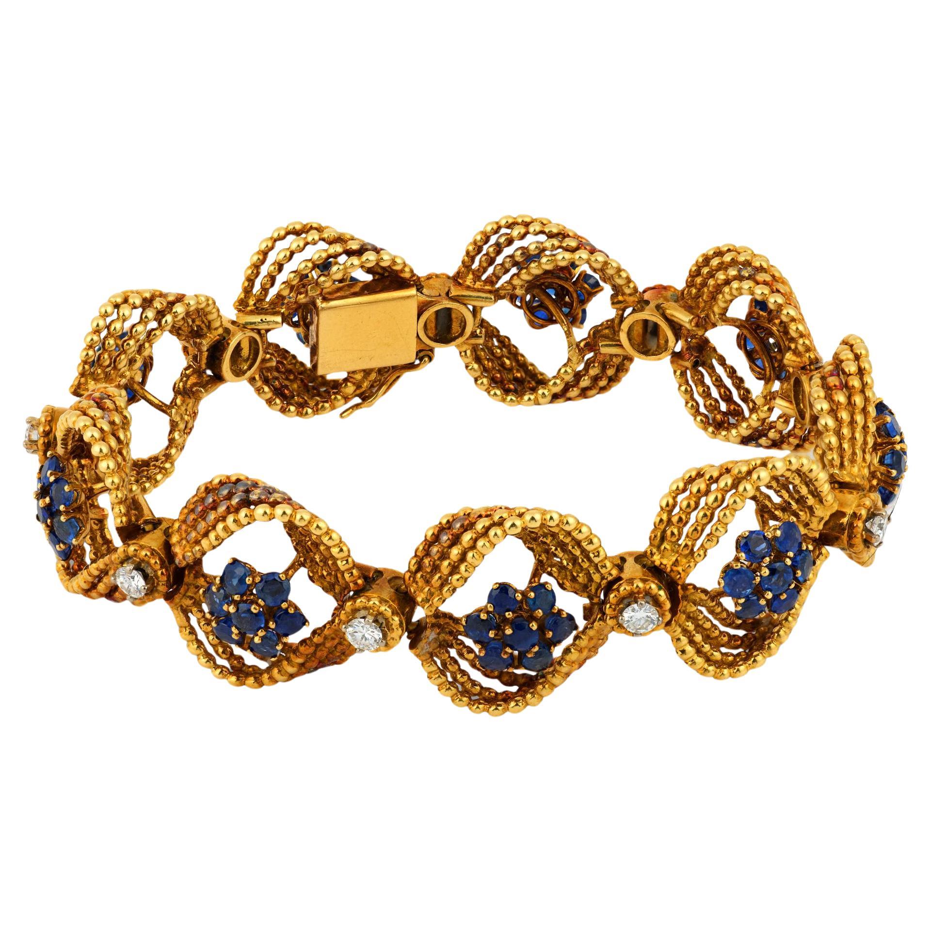 Mid Century 5.00 carat sapphire diamond 18k yellow gold twisted bracelet
