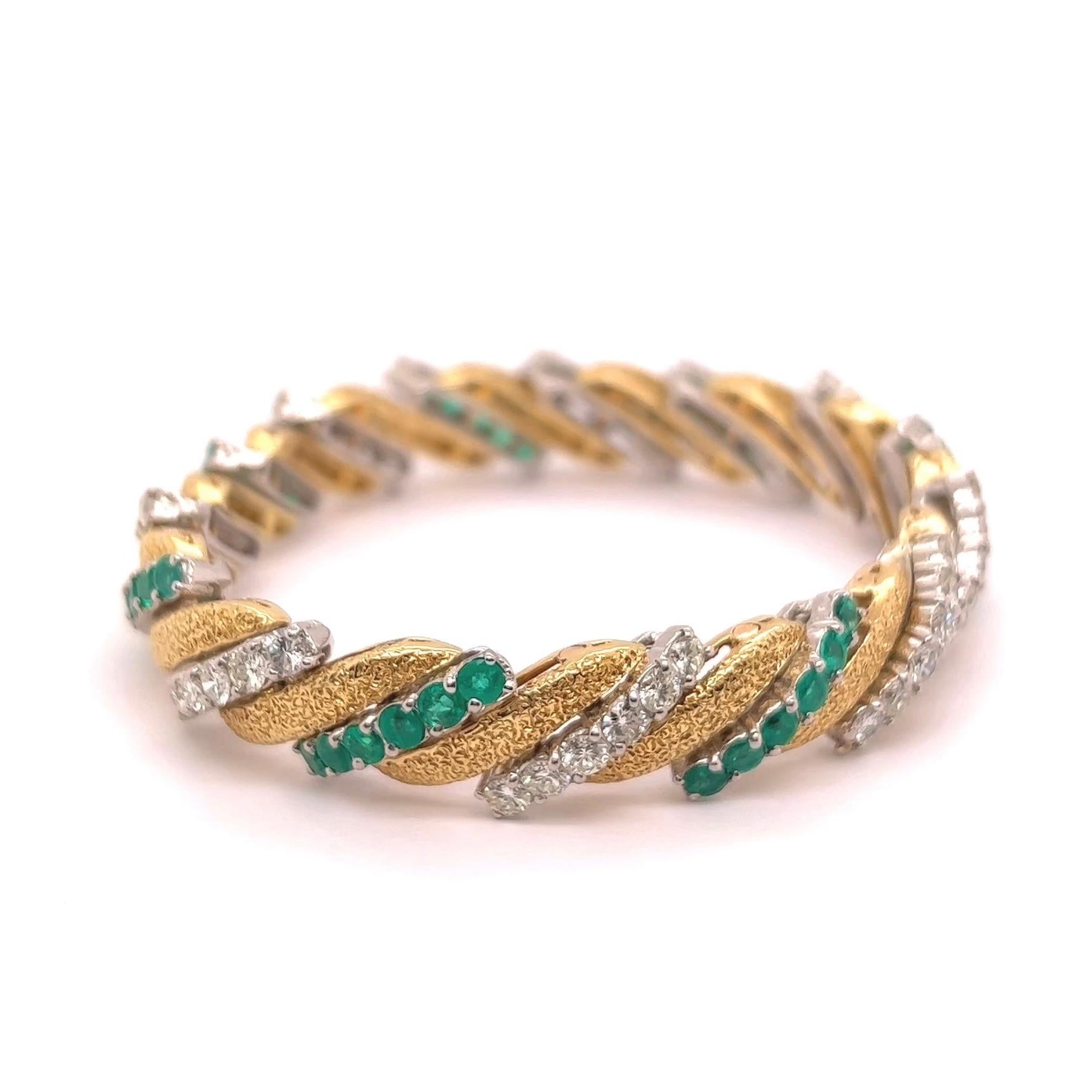 Mid Century 5.00 Carats Diamonds Emerald Platinum 18K Gold Striped Bracelet 1