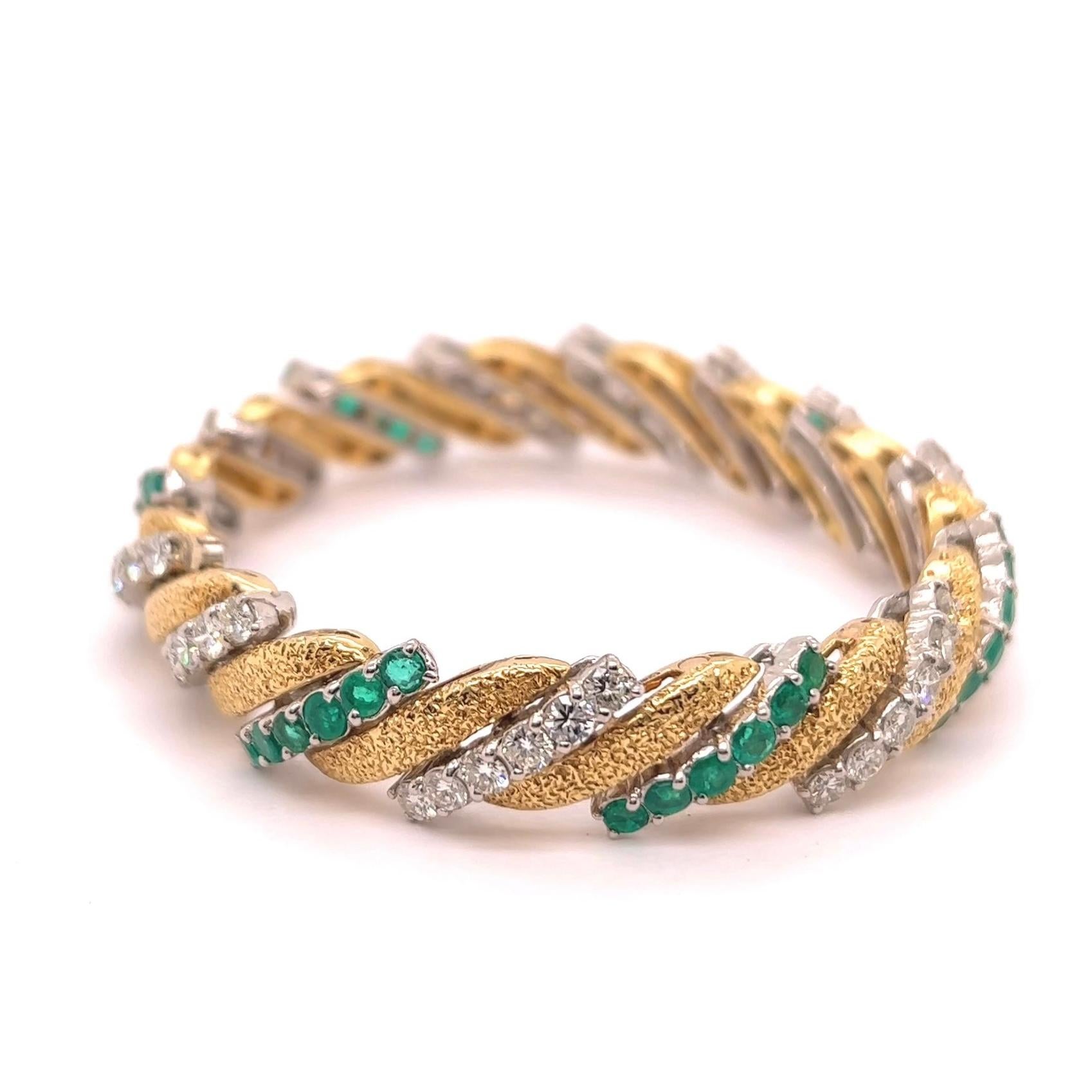 Mid Century 5.00 Carats Diamonds Emerald Platinum 18K Gold Striped Bracelet 2