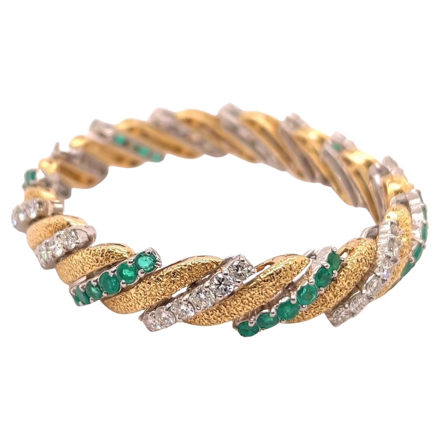 Mid Century 5.00 Carats Diamonds Emerald Platinum 18K Gold Striped Bracelet