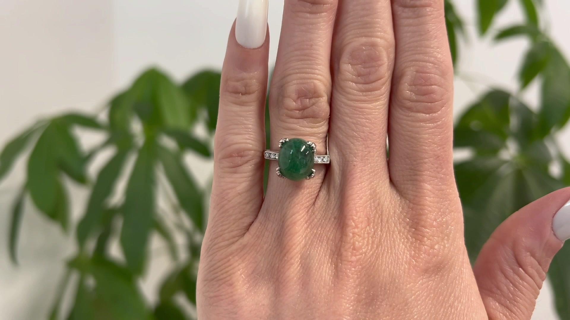 Cabochon Midcentury 5.15 Carats Emerald Diamond Platinum Ring