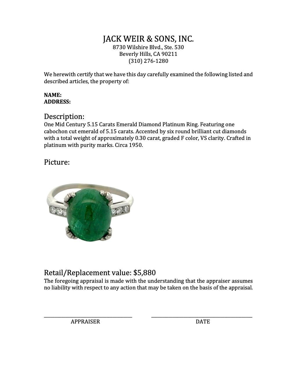 Midcentury 5.15 Carats Emerald Diamond Platinum Ring 2