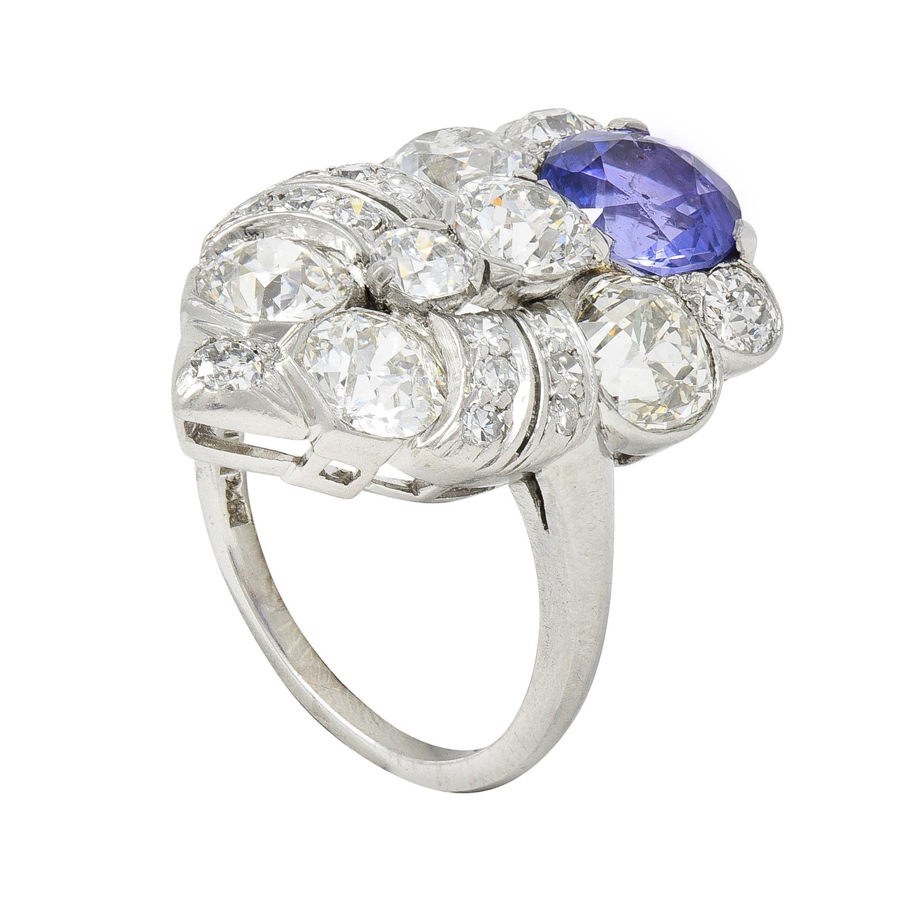 Mid-Century 5.15 CTW Sapphire Diamond Platinum Foliate Vintage Dinner Ring For Sale 7
