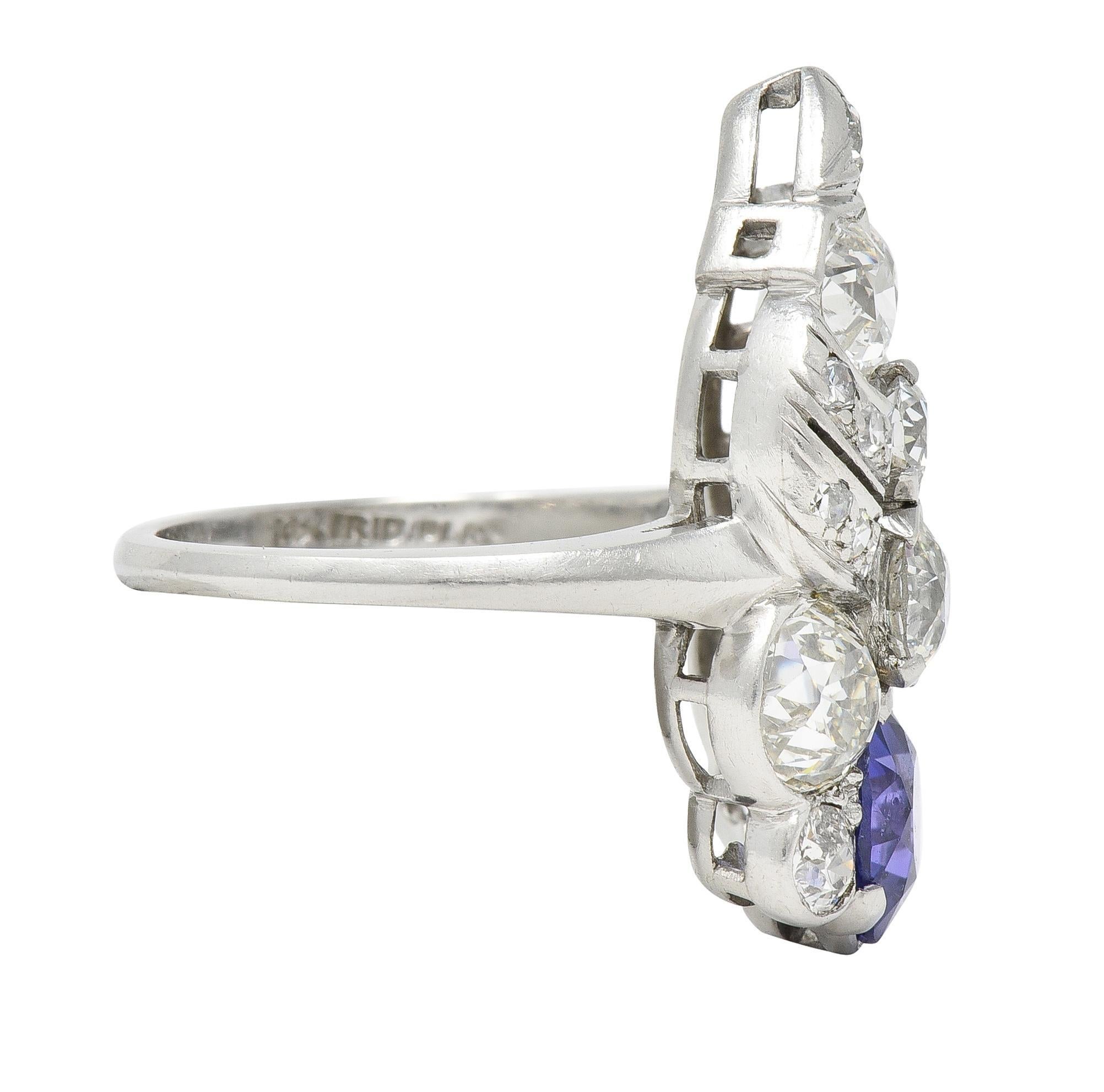 Round Cut Mid-Century 5.15 CTW Sapphire Diamond Platinum Foliate Vintage Dinner Ring For Sale