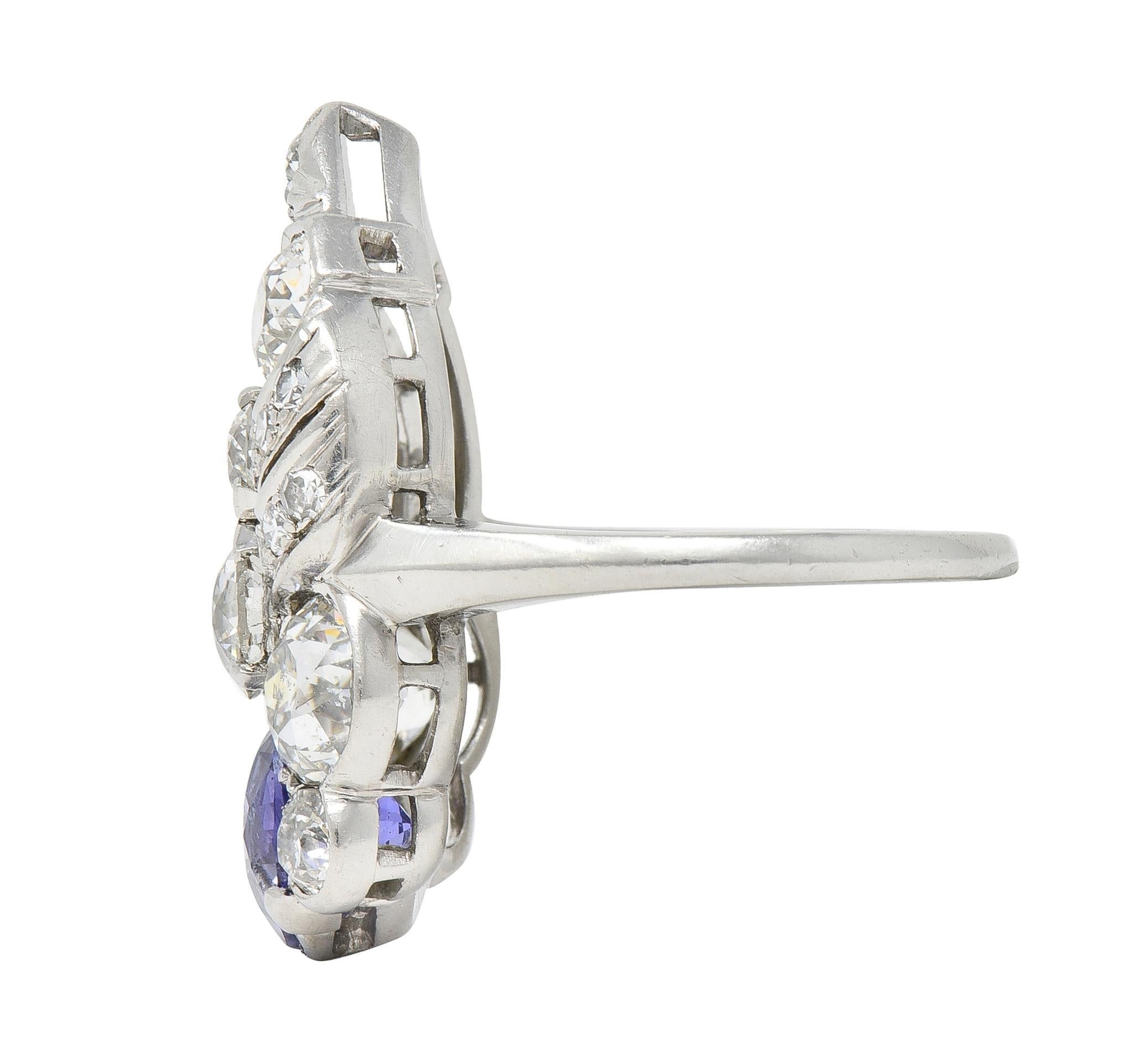 Women's or Men's Mid-Century 5.15 CTW Sapphire Diamond Platinum Foliate Vintage Dinner Ring For Sale