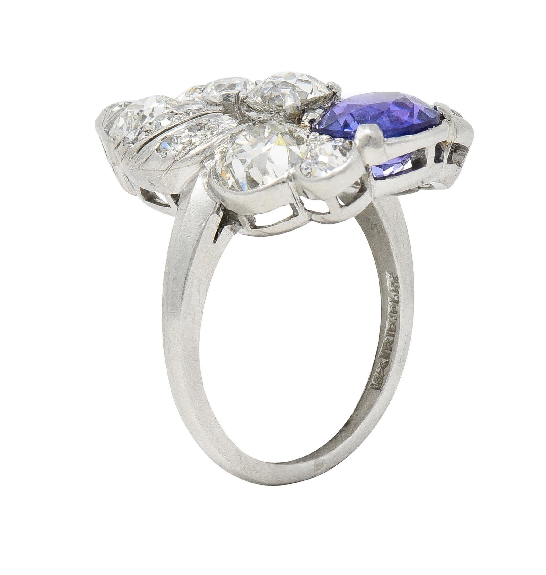 Mid-Century 5.15 CTW Sapphire Diamond Platinum Foliate Vintage Dinner Ring For Sale 4