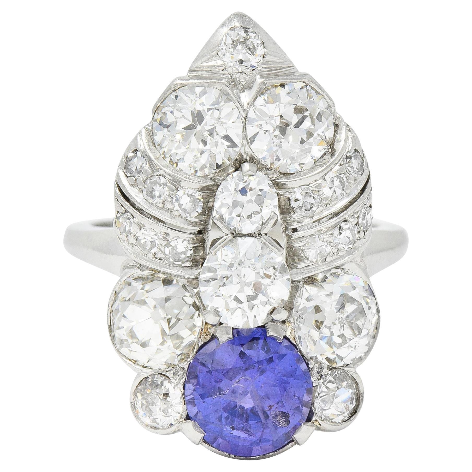 Mid-Century 5.15 CTW Sapphire Diamond Platinum Foliate Vintage Dinner Ring For Sale