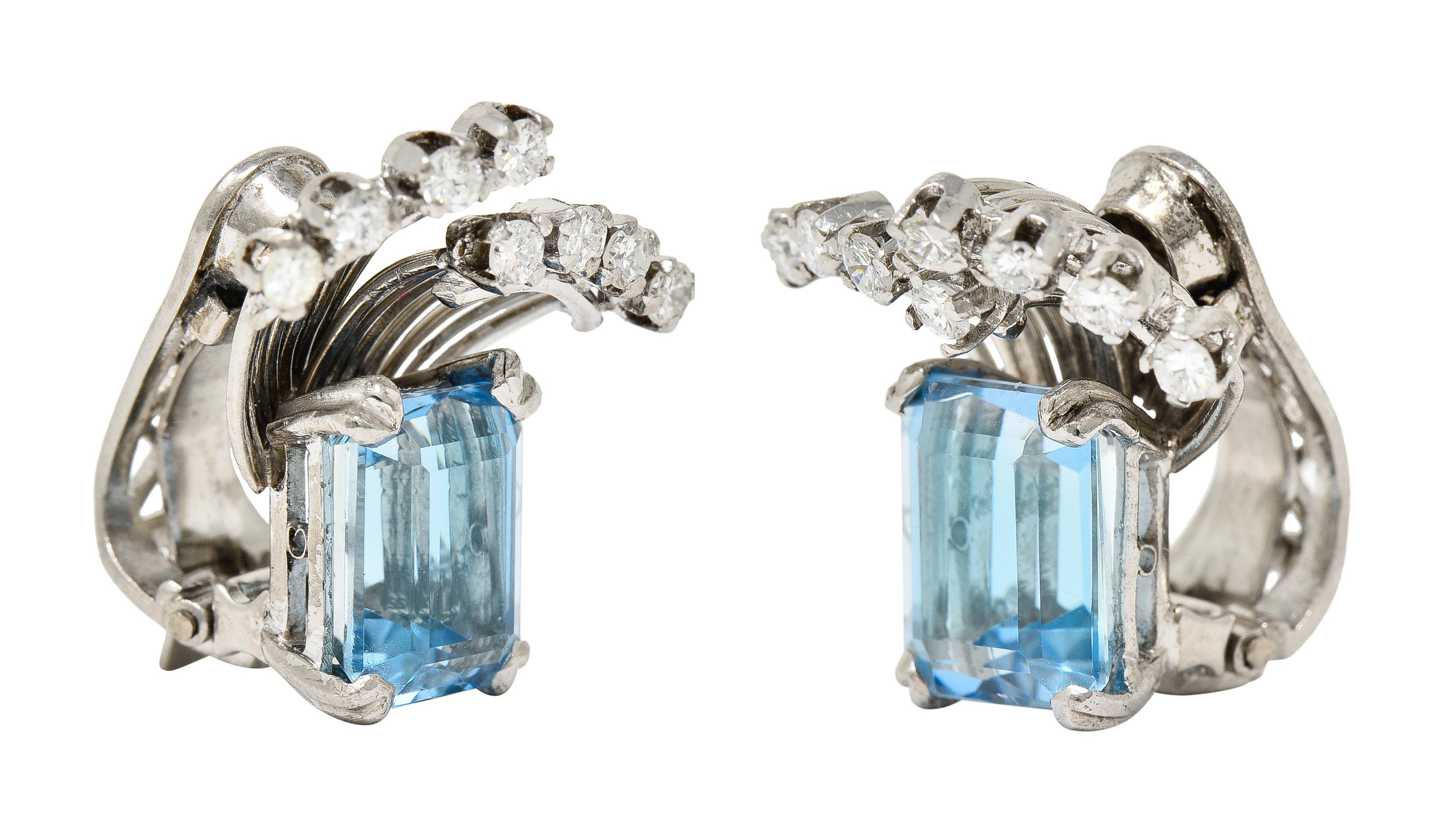 Emerald Cut Mid-Century 5.26 CTW Aquamarine Diamond Platinum Vintage Ear-Clip Earrings For Sale