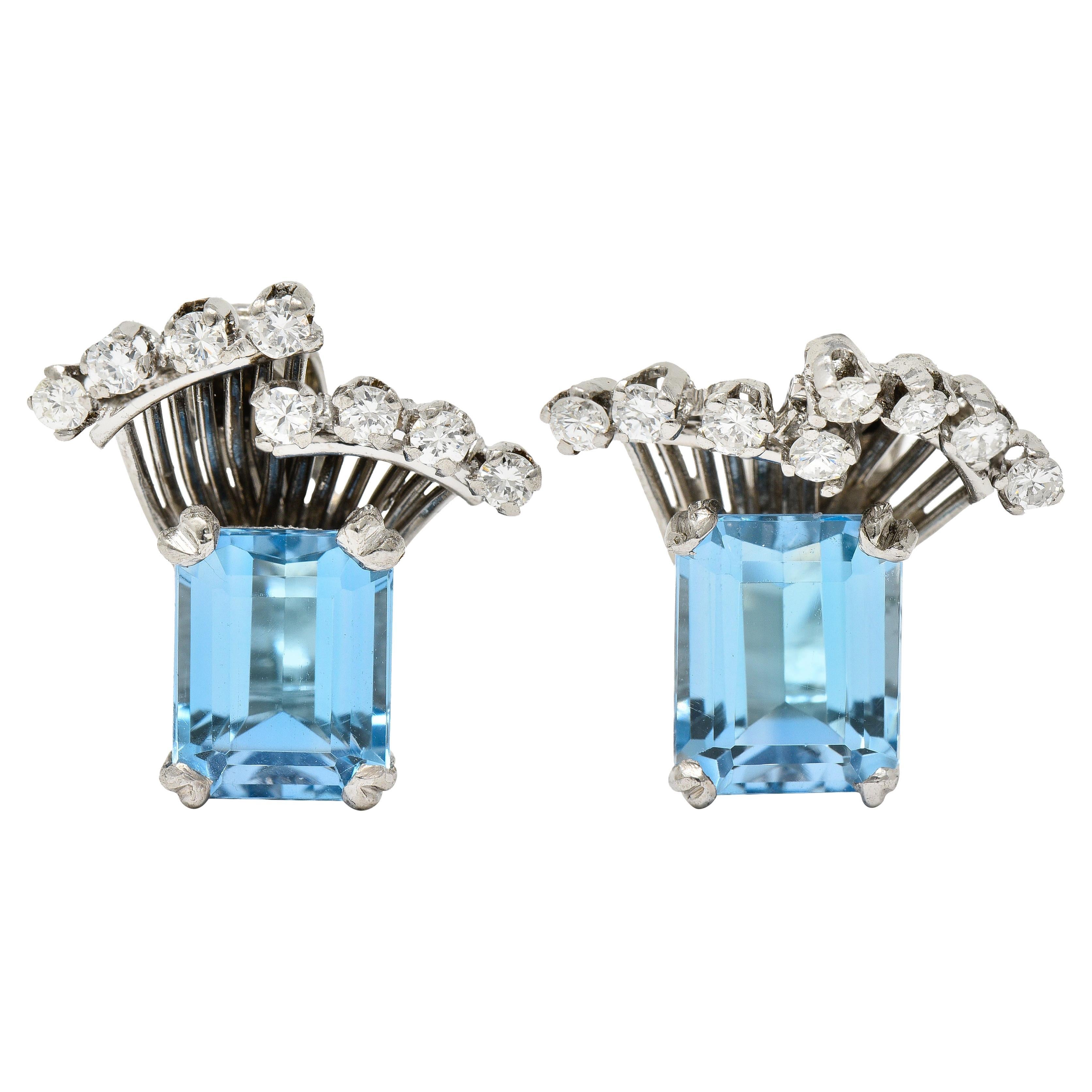 Mid-Century 5.26 CTW Aquamarine Diamond Platinum Vintage Ear-Clip Earrings For Sale