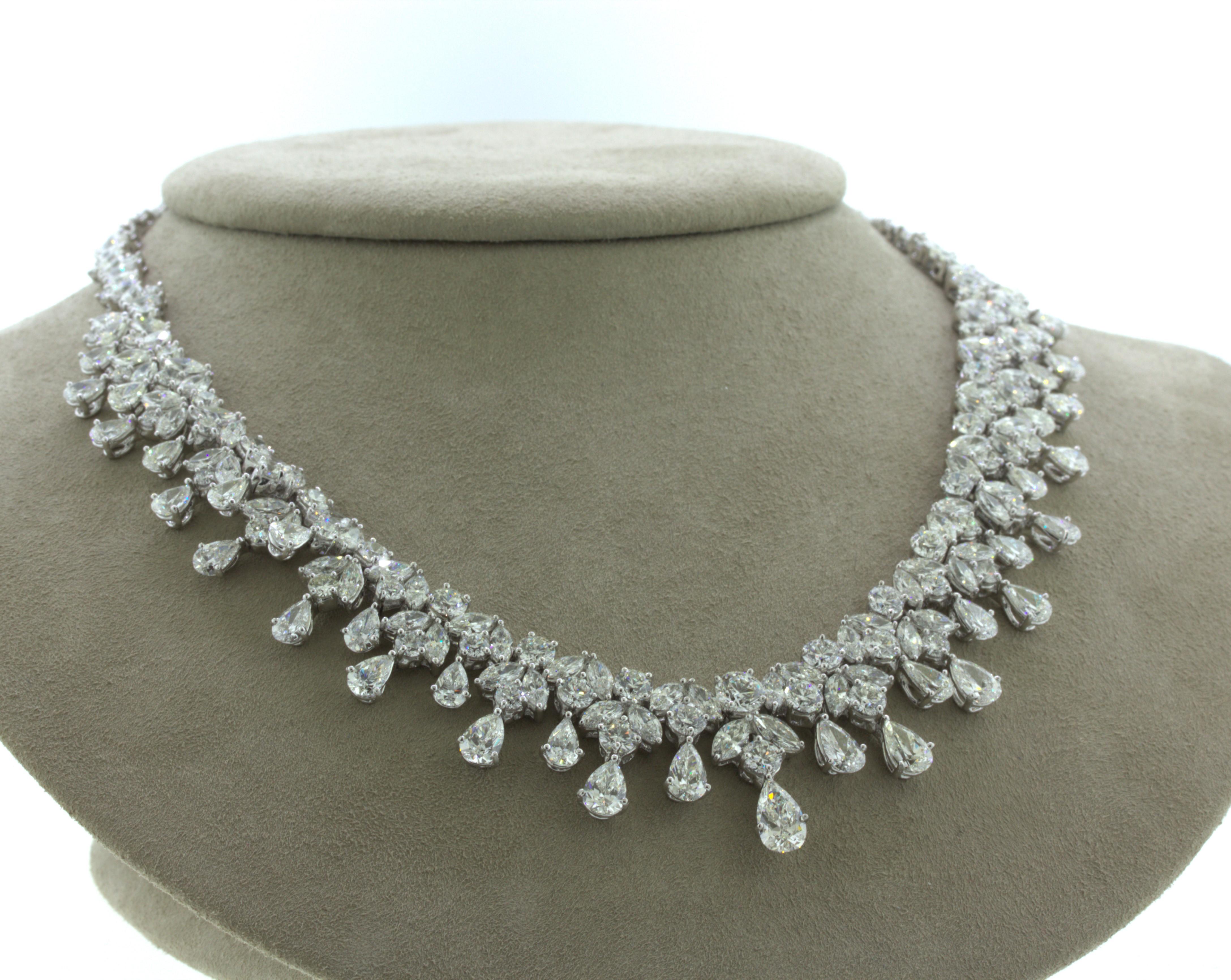 Round Cut Mid-Century 54 Carat Diamond Drop Platinum Bib Necklace For Sale