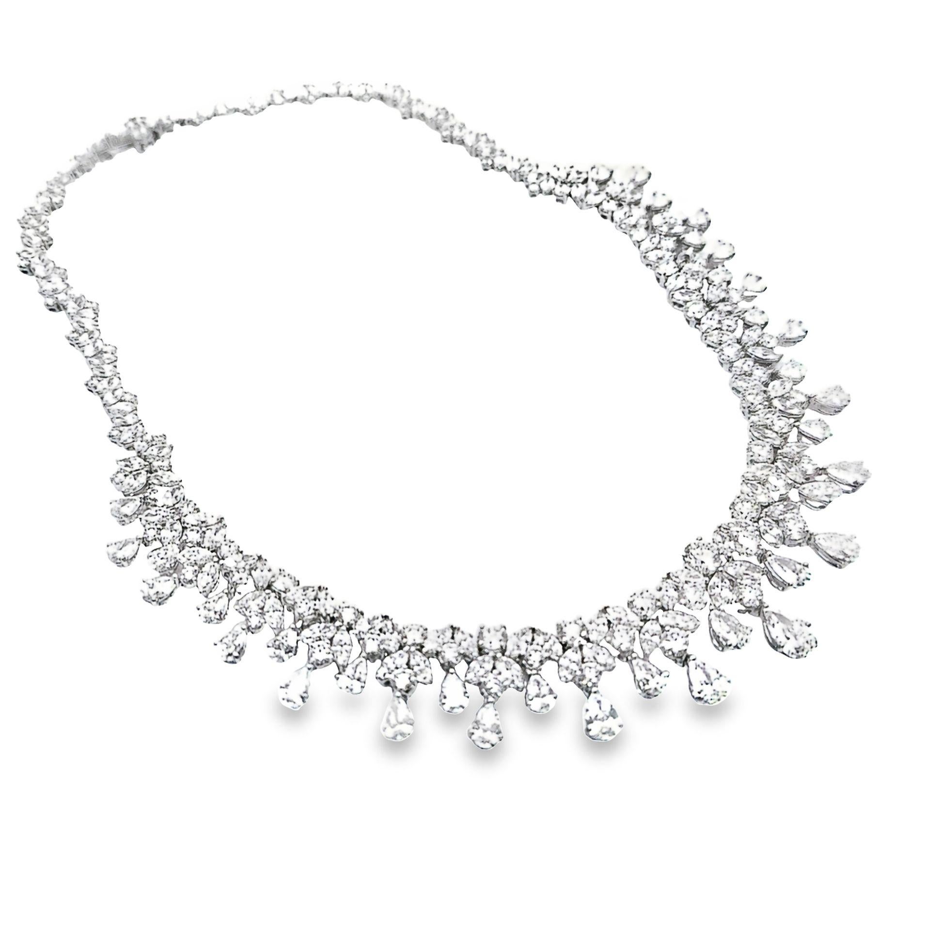 Round Cut Mid-Century 54 Carat Diamond Drop Platinum Bib Necklace For Sale