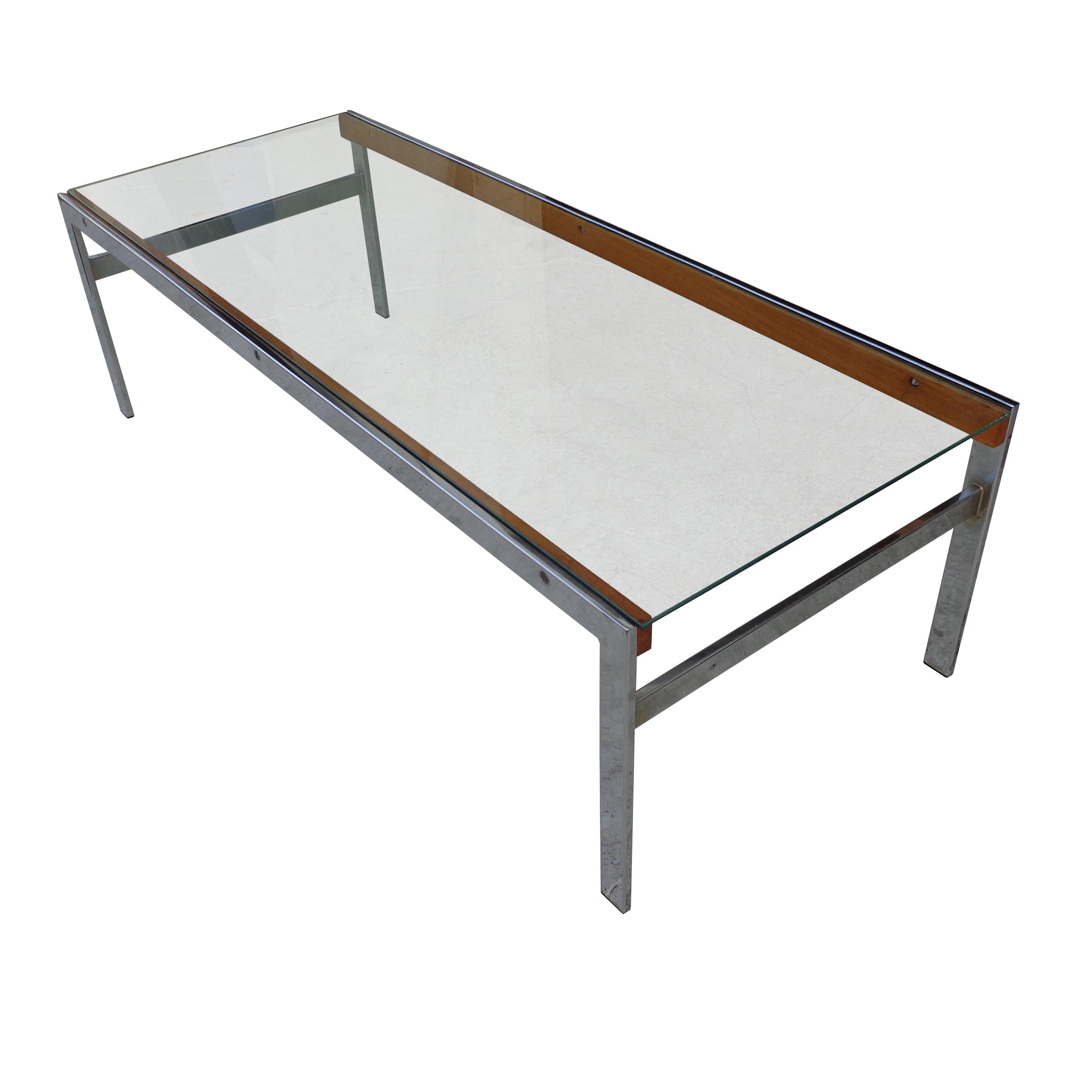 North American Mid Century Glass Top Chrome Wood Coffee Table For Sale