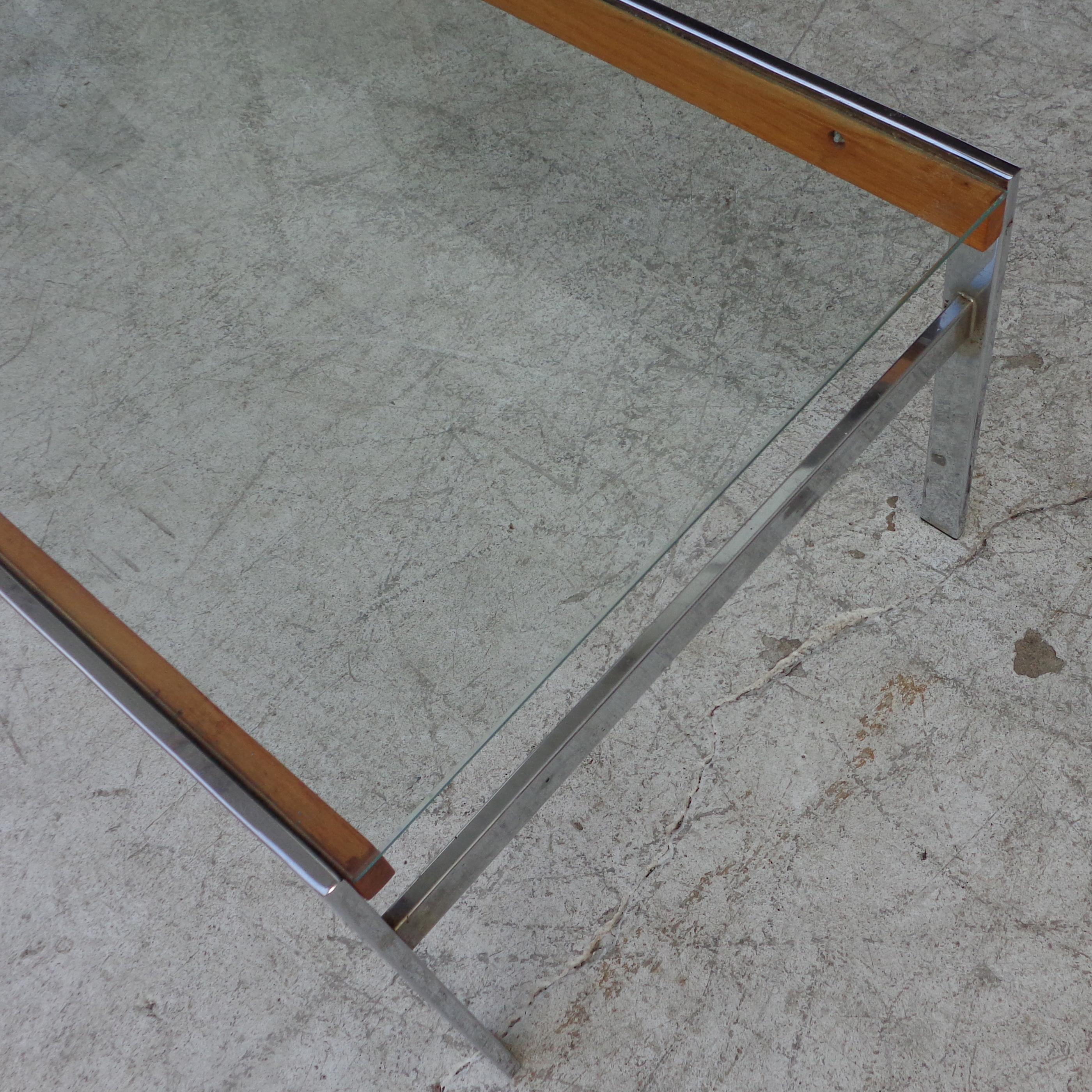 20th Century Mid Century Glass Top Chrome Wood Coffee Table For Sale