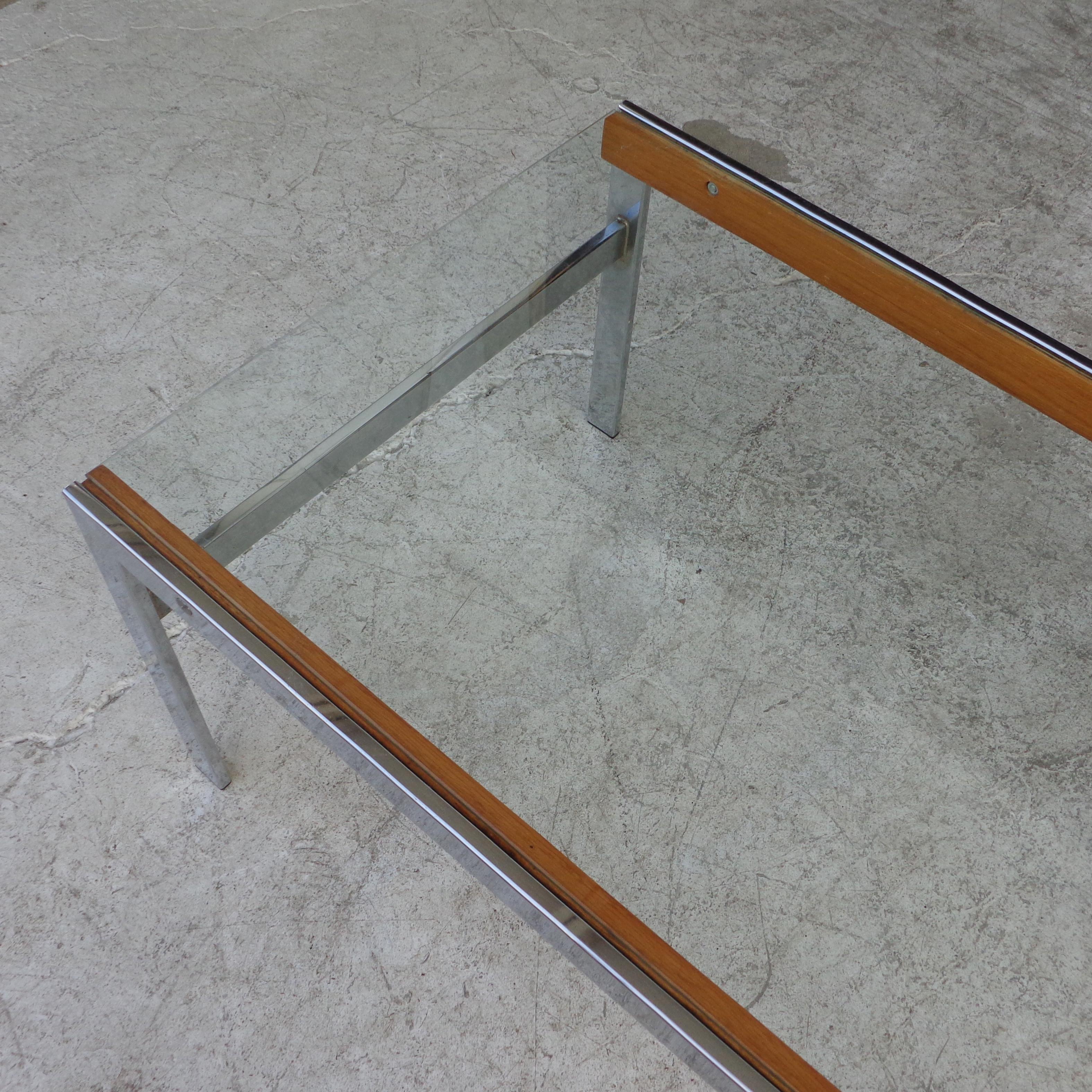 Mid Century Glass Top Chrome Wood Coffee Table For Sale 1
