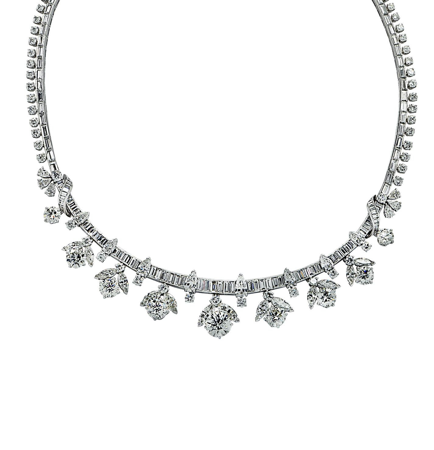 Old European Cut Mid-Century 56.50 Carat Diamond Cluster Necklace