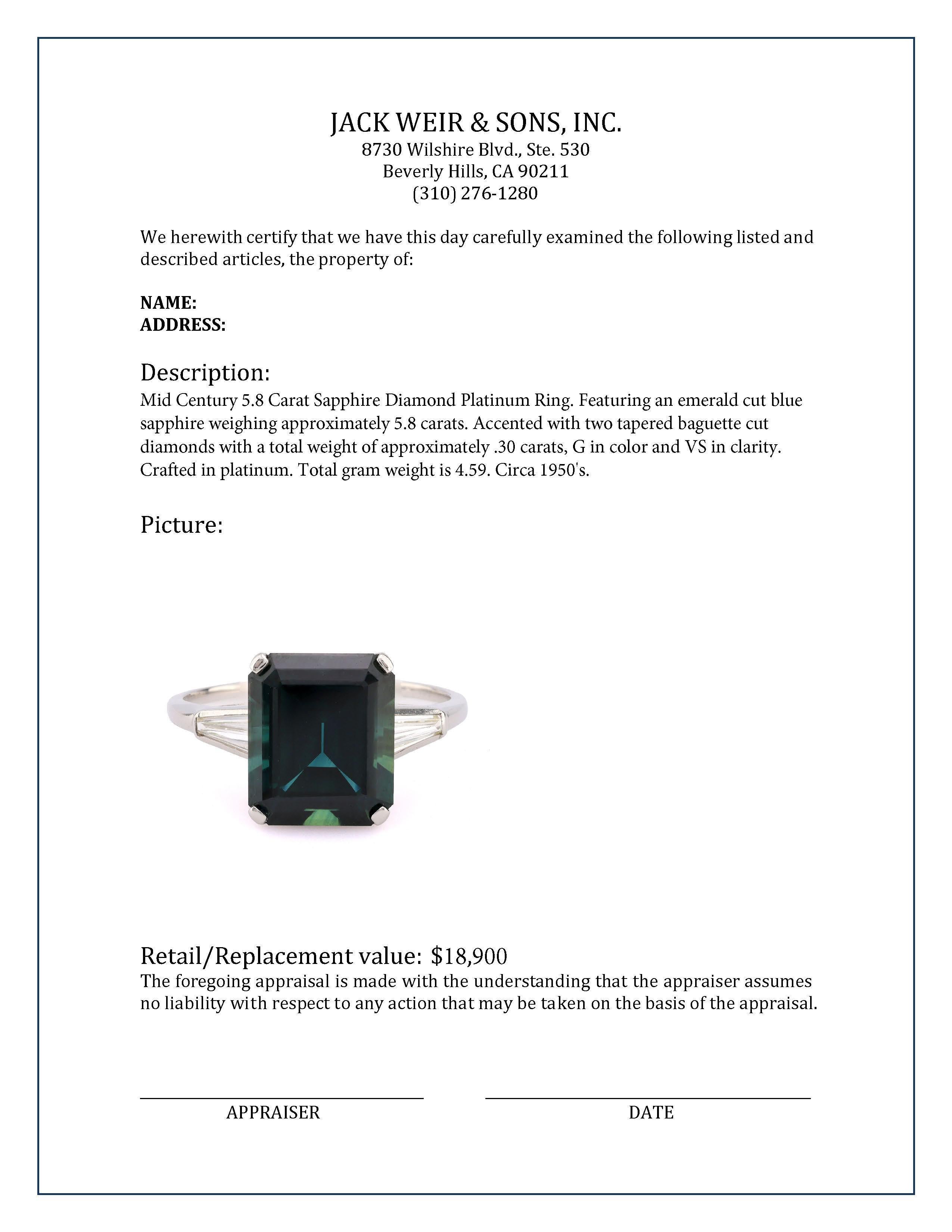 Platinring mit 5.8 Karat Saphir und Diamant aus der Mitte des Jahrhunderts im Zustand „Hervorragend“ in Beverly Hills, CA