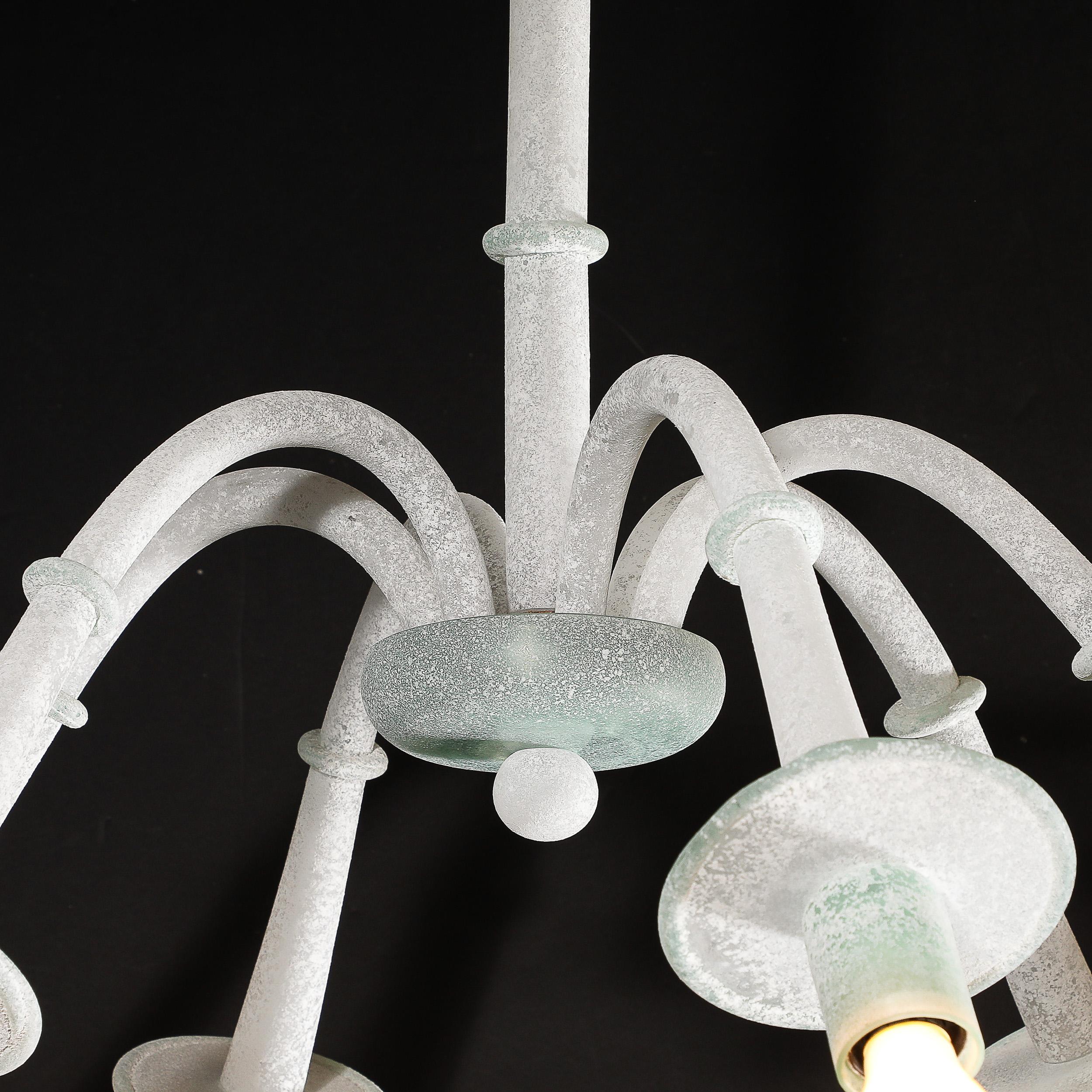 Mid-Century 6-Arm Handblown White & Jade Murano Scavo Glass Chandelier by Seguso In Excellent Condition For Sale In New York, NY