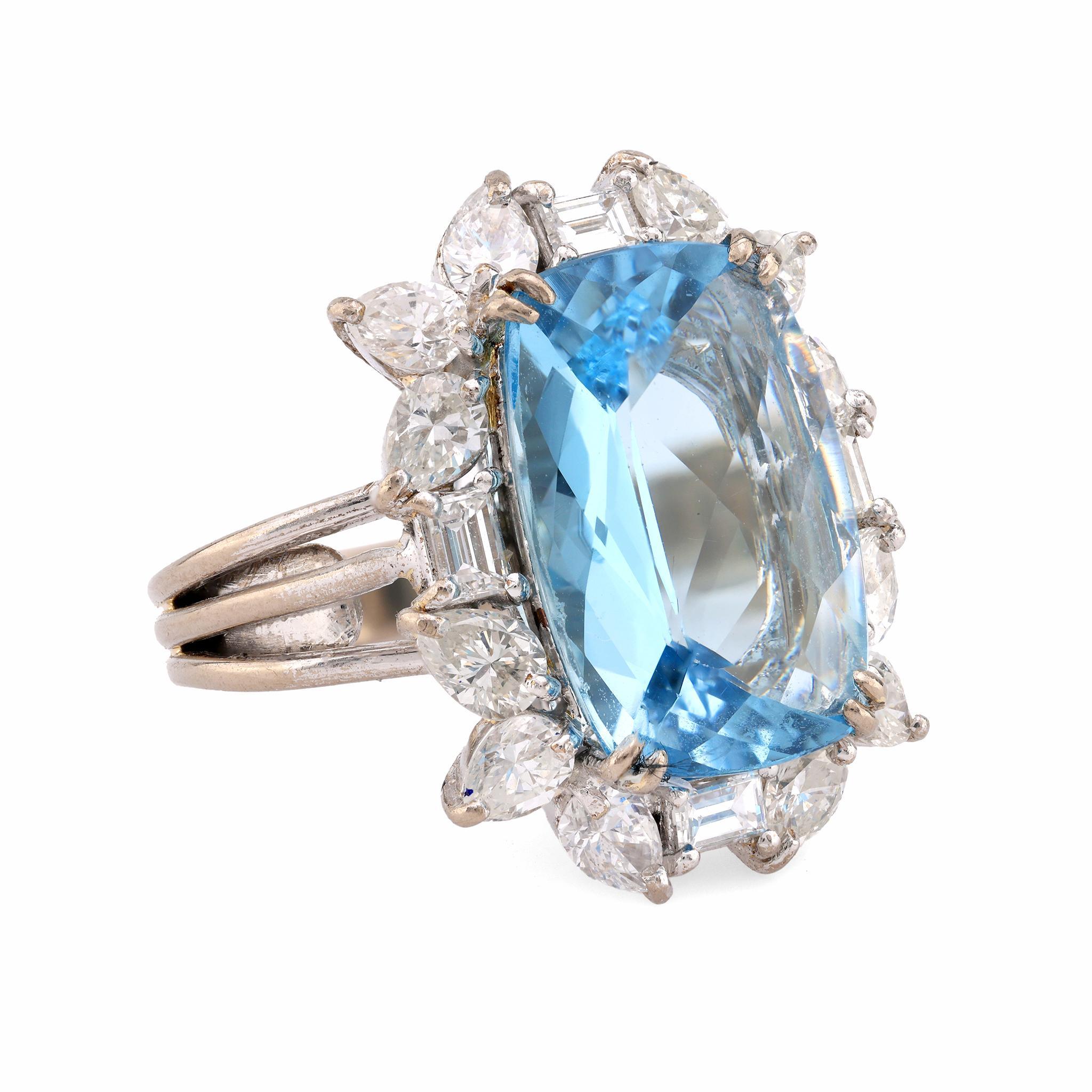 Modern Mid Century 6 Carat Aquamarine Diamond 18K White Gold Cocktail Ring