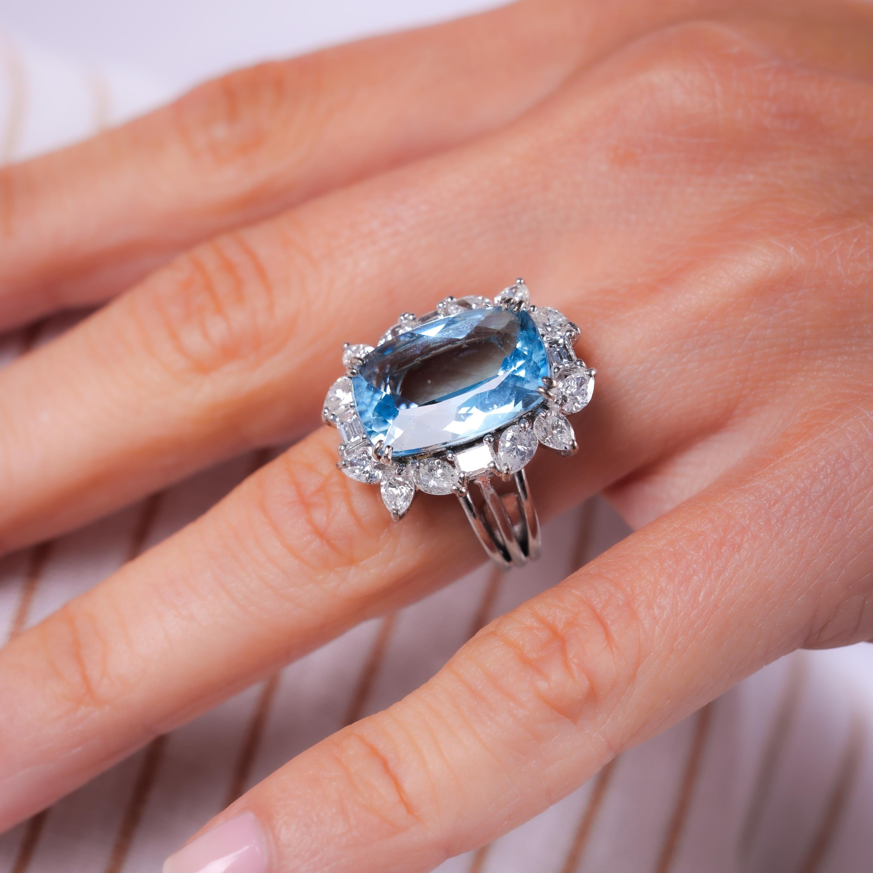 Cushion Cut Mid Century 6 Carat Aquamarine Diamond 18K White Gold Cocktail Ring