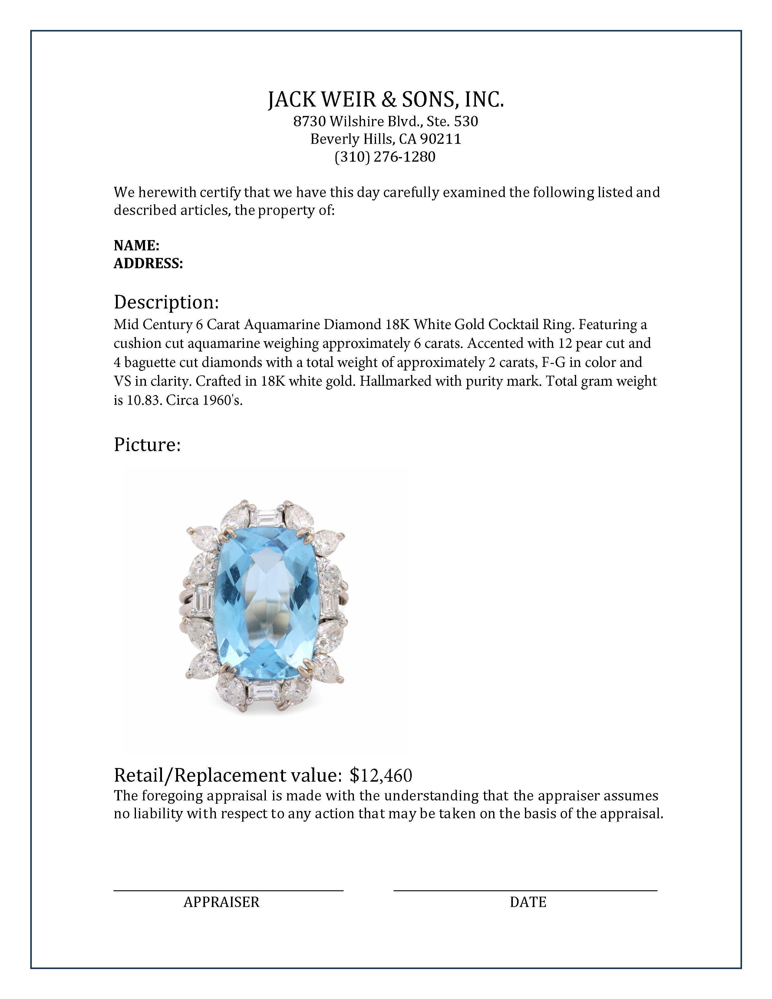 Mid Century 6 Carat Aquamarine Diamond 18K White Gold Cocktail Ring In Excellent Condition In Beverly Hills, CA