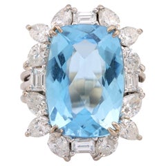Mid Century 6 Carat Aquamarine Diamond 18K White Gold Cocktail Ring