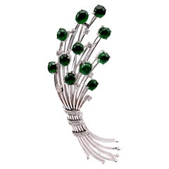 Mid Century 6 Carat Cabochon Emerald Diamond 18K White Gold Brooch