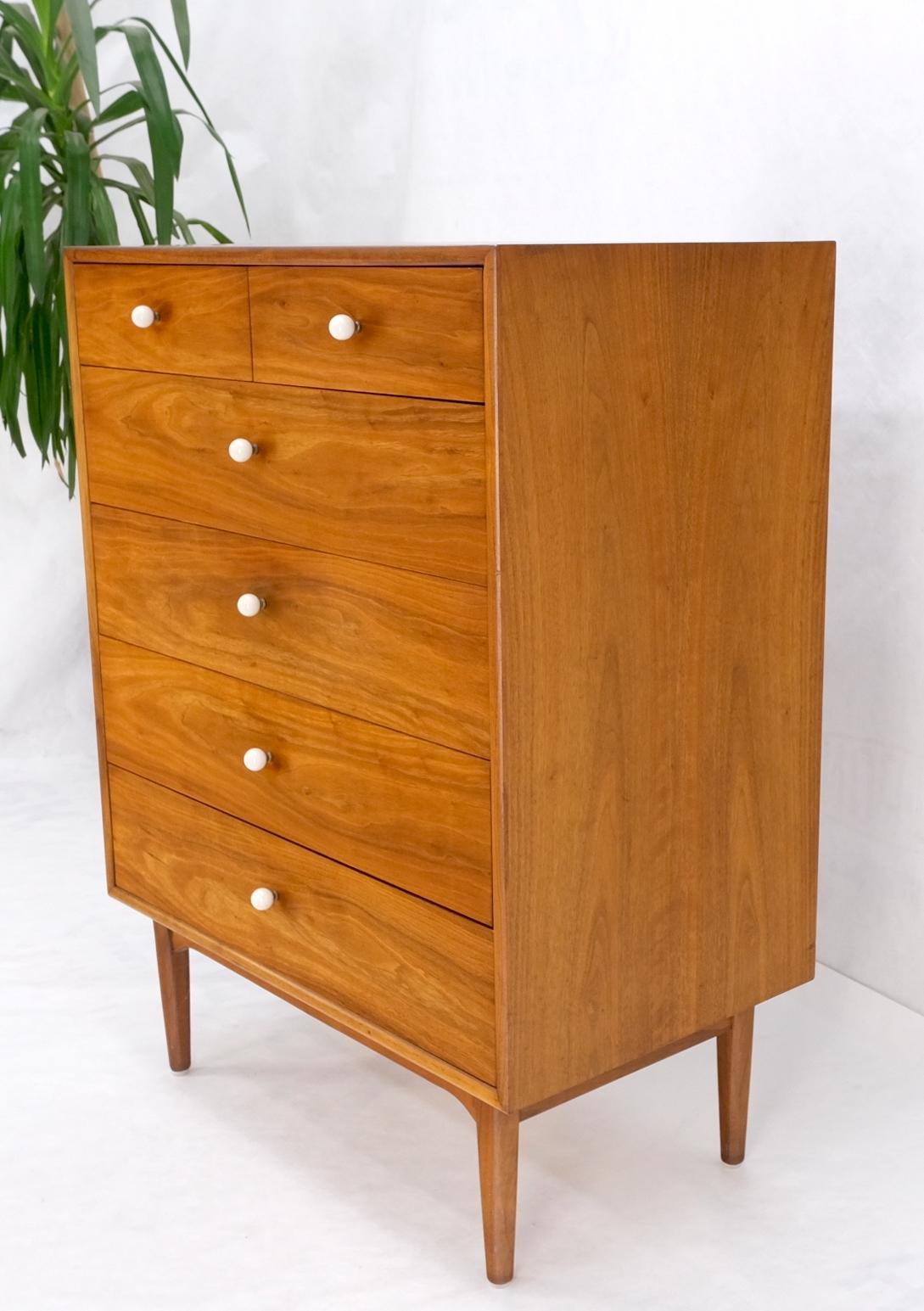 Mid Century 6 Drawers Walnut High Chest Dresser W/ Porcelain Ball Pulls Mint! For Sale 5