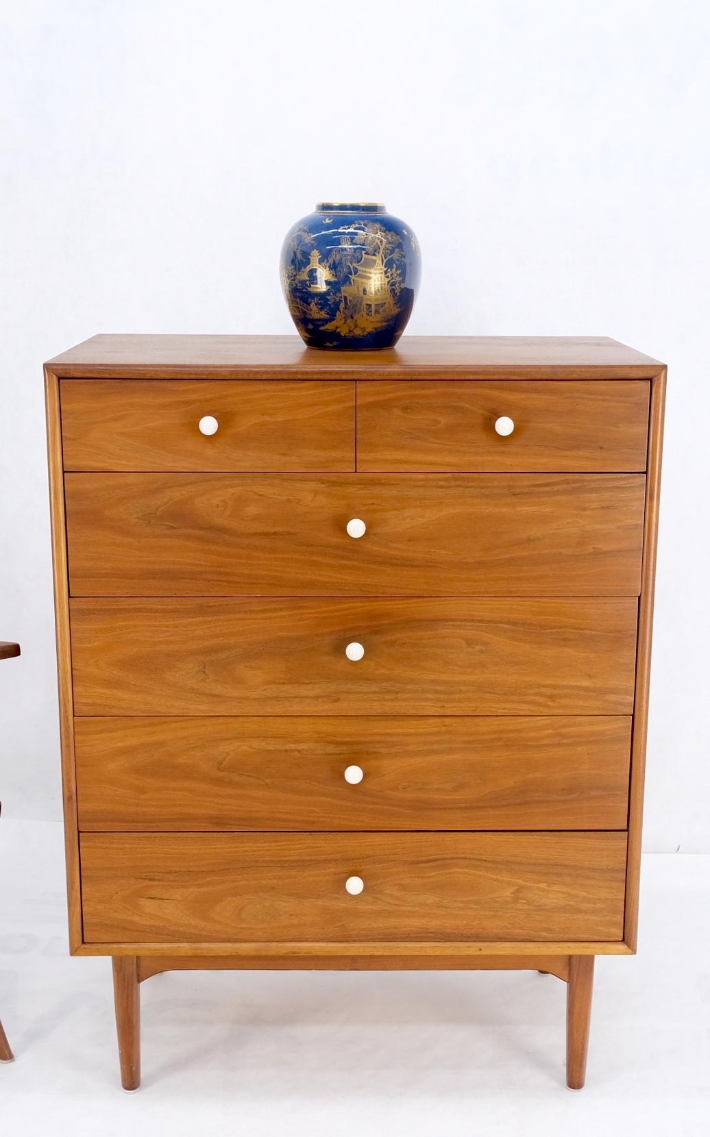 Mid Century 6 Drawers Walnut High Chest Dresser W/ Porcelain Ball Pulls Mint! For Sale 6
