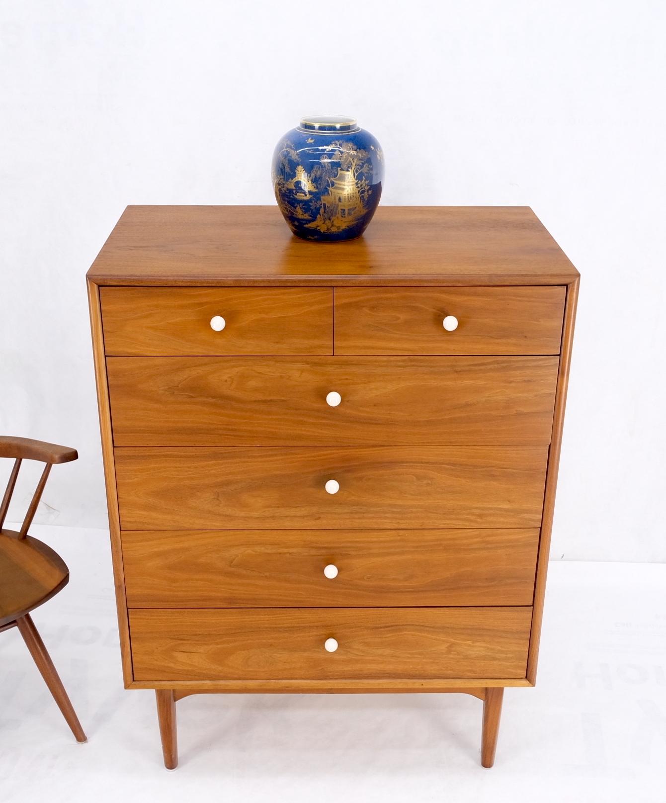 Mid Century 6 Drawers Walnut High Chest Dresser W/ Porcelain Ball Pulls Mint! For Sale 7