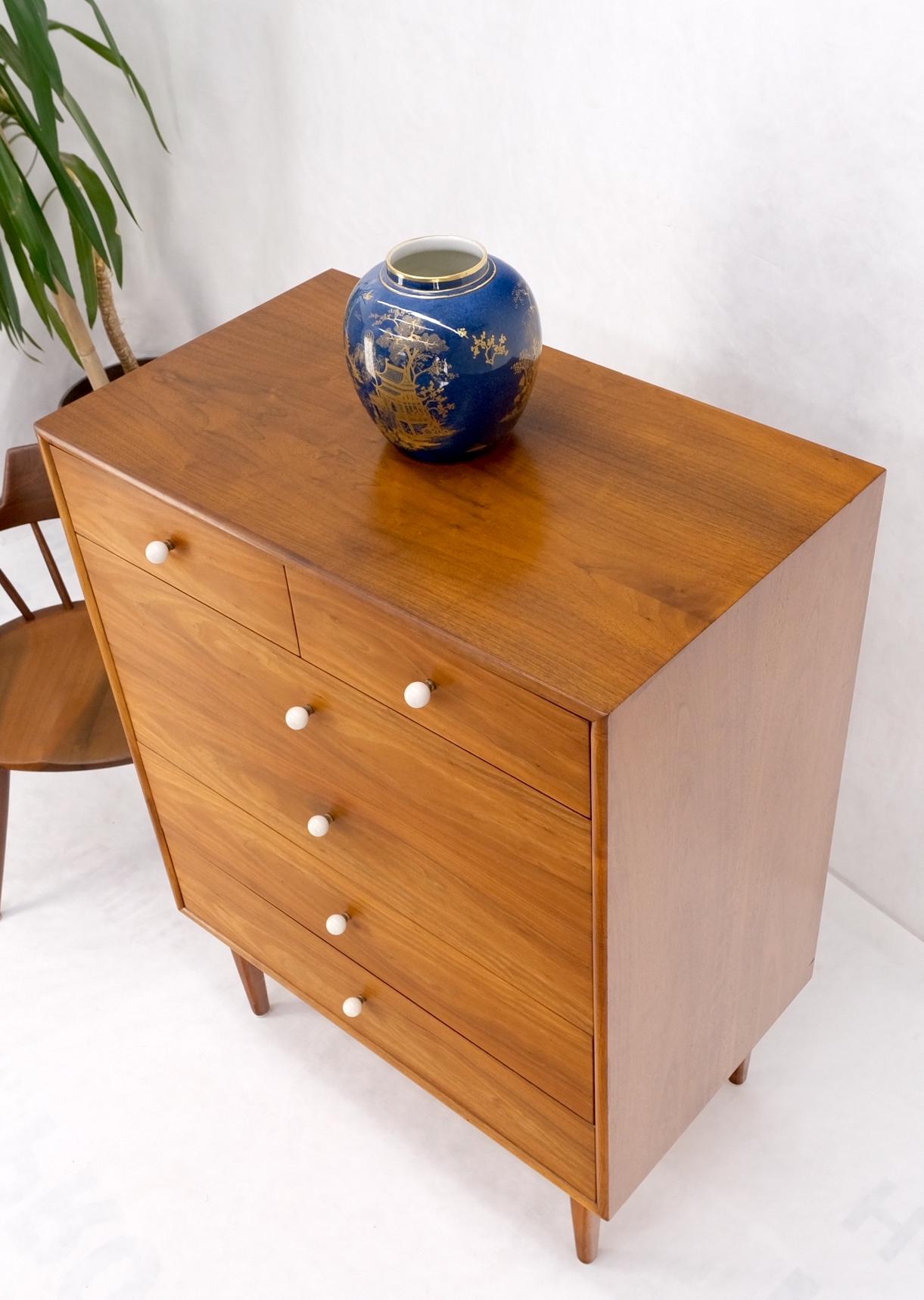 Mid Century 6 Drawers Walnut High Chest Dresser W/ Porcelain Ball Pulls Mint! For Sale 8